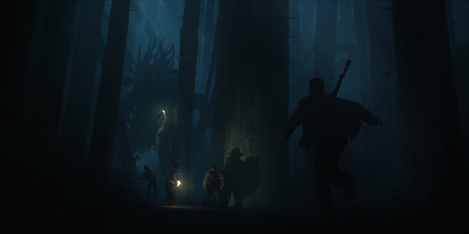 Creature in a dark forest with people HD Wallpaper