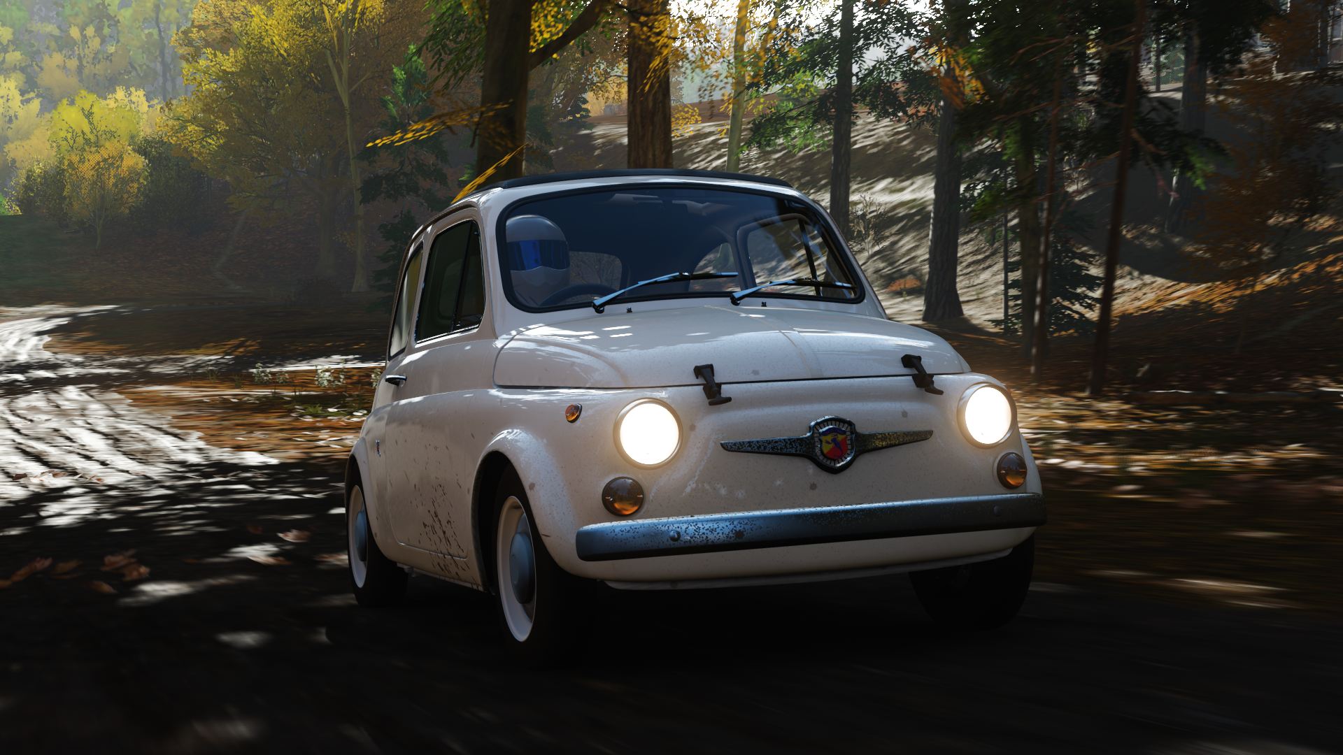 White Fiat 500 Abarth driving on a forest road HD Wallpaper