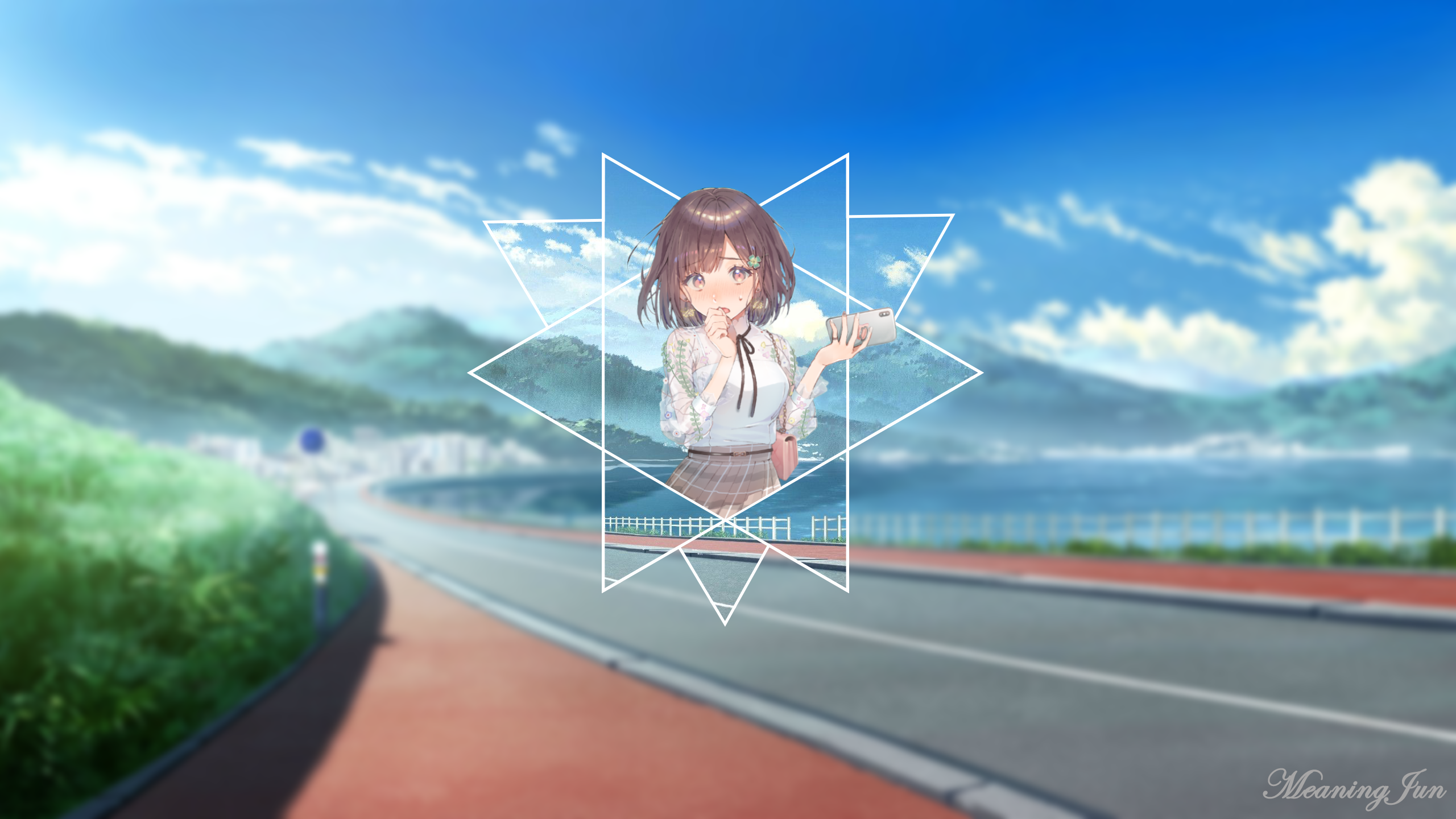Anime girl with phone on road with mountains and sea HD Wallpaper