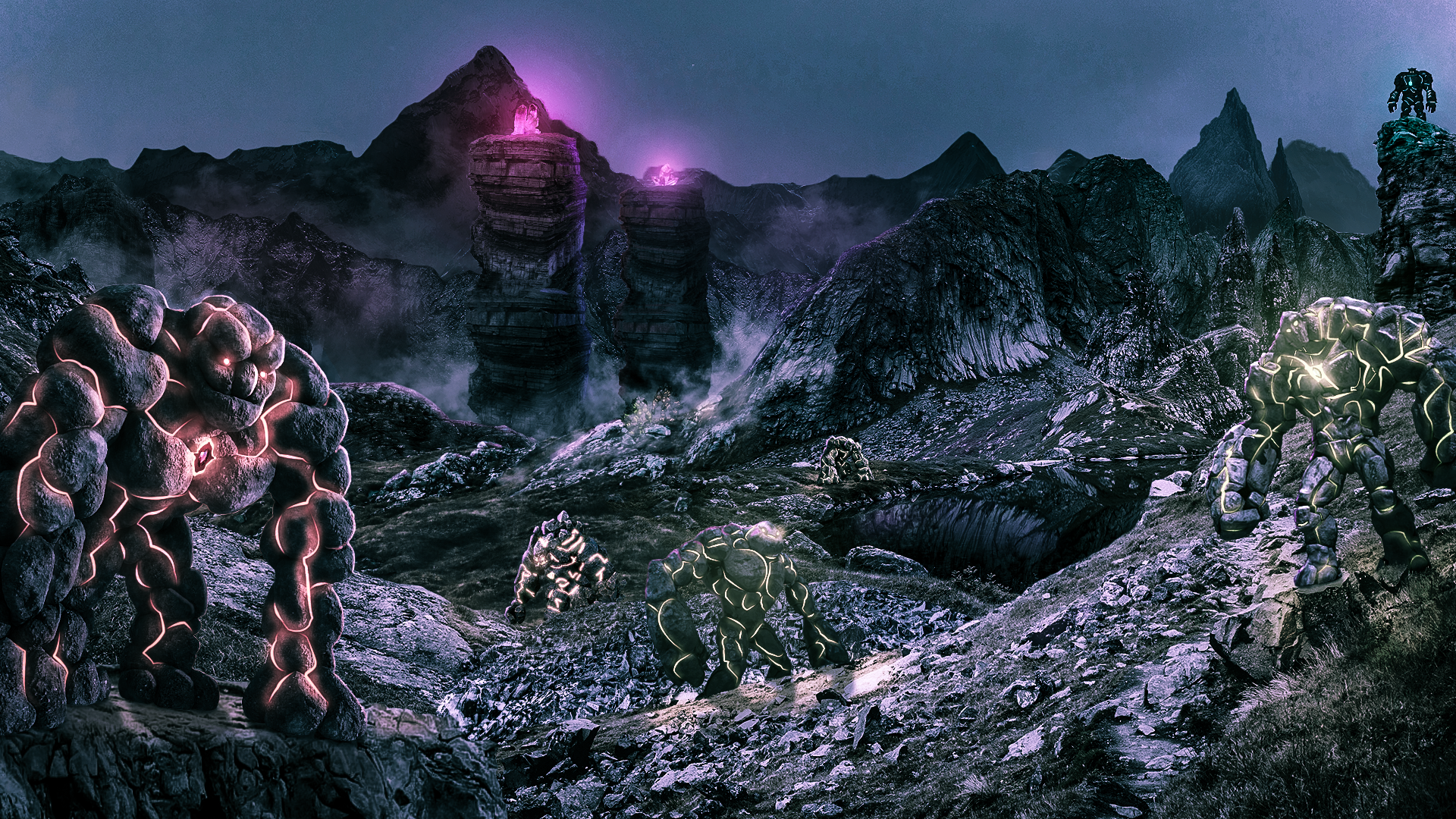 Fantasy landscape with golems and glowing crystals HD Wallpaper