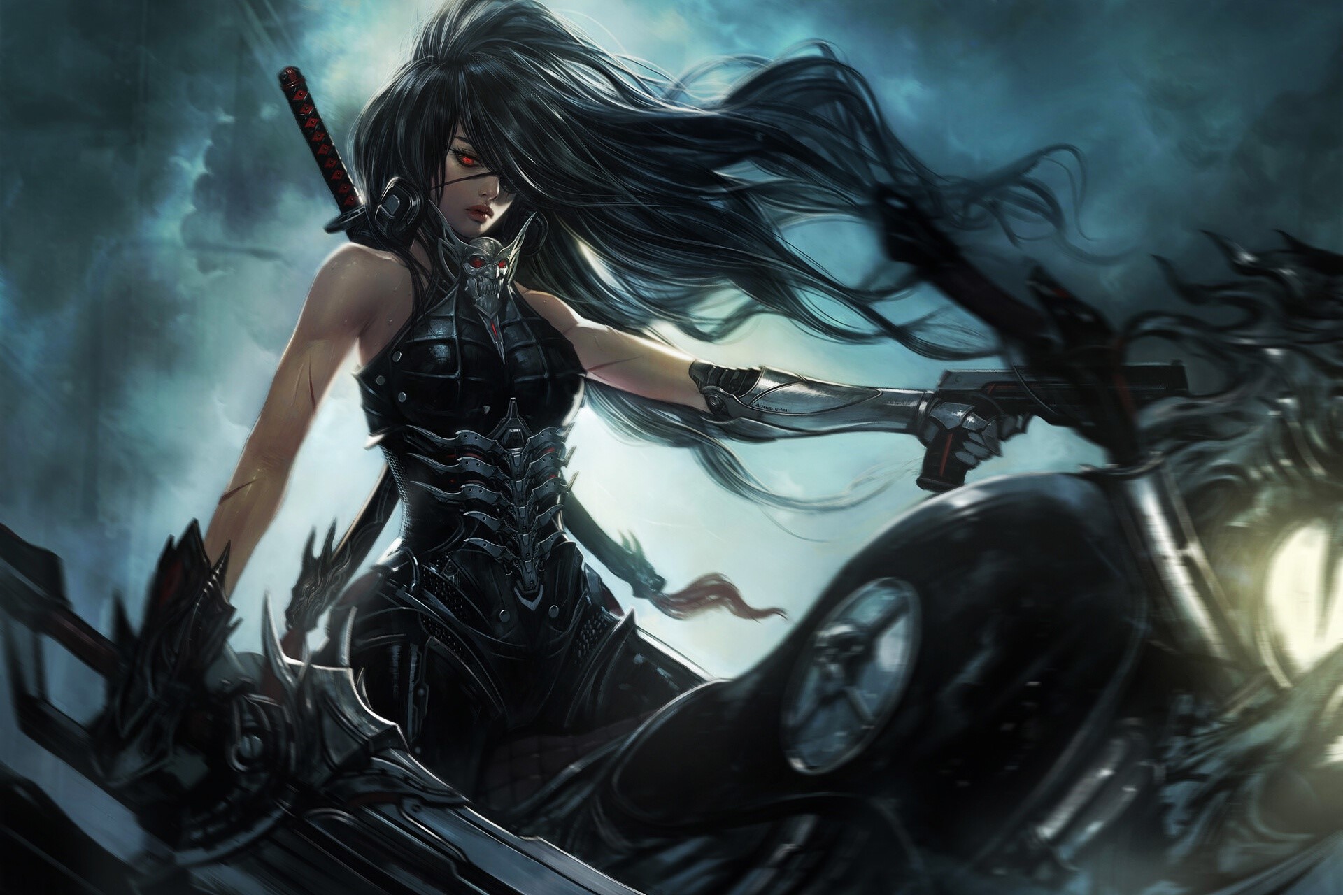 Fantasy girl with dark hair and red eyes on a motorcycle with a gun HD Wallpaper