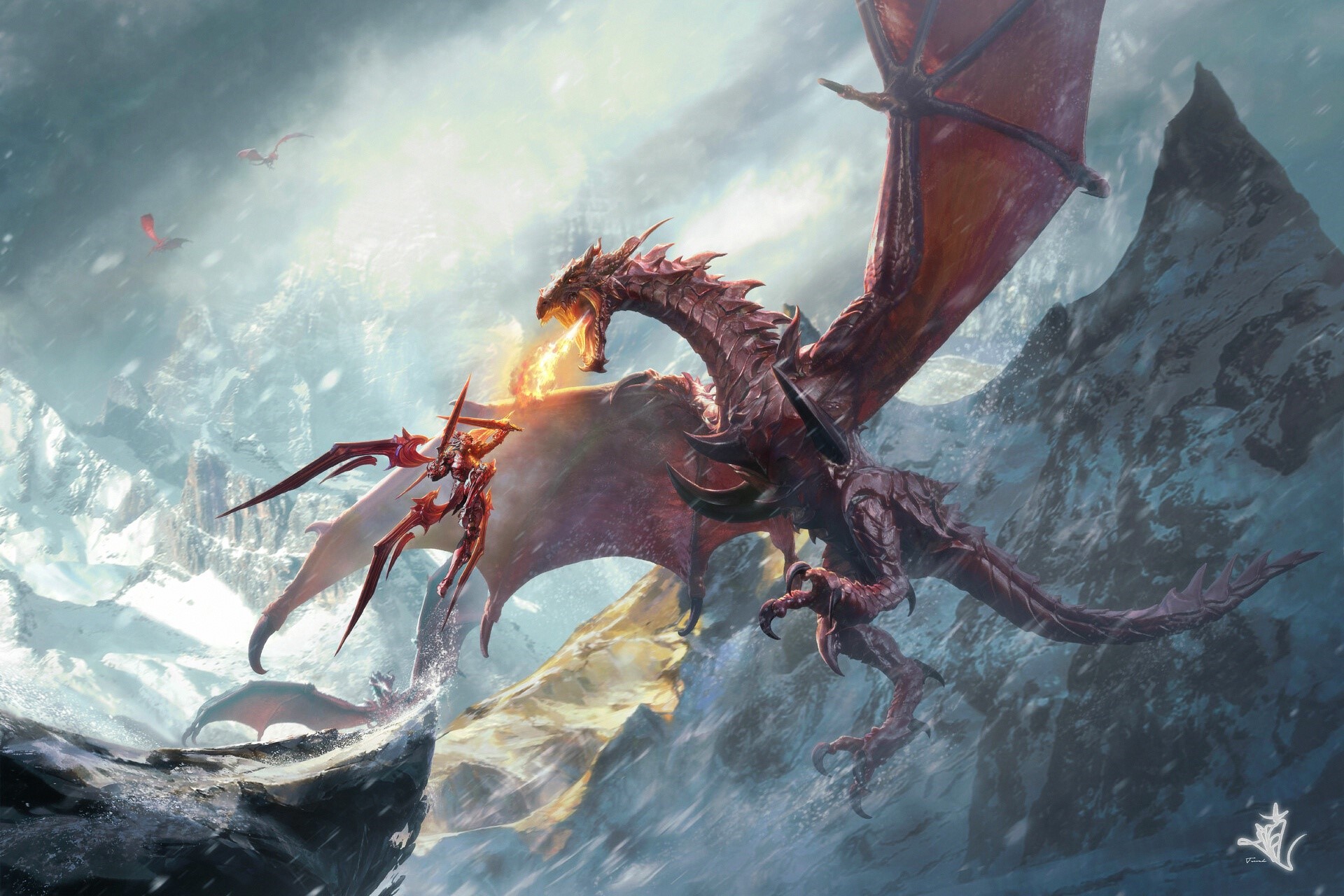 Fantasy art of a dragon fighting a warrior in a snowy mountain landscape HD Wallpaper
