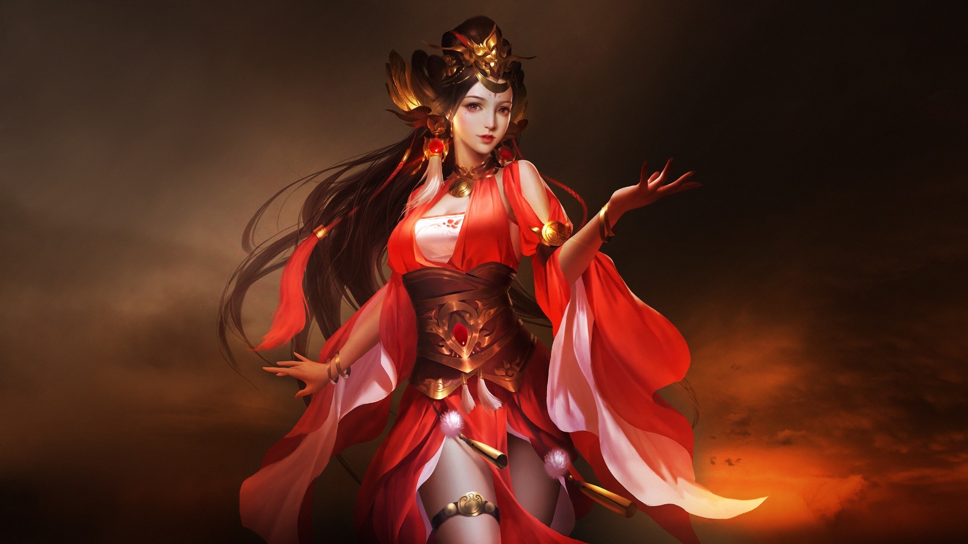Fantasy girl in red and gold attire HD Wallpaper
