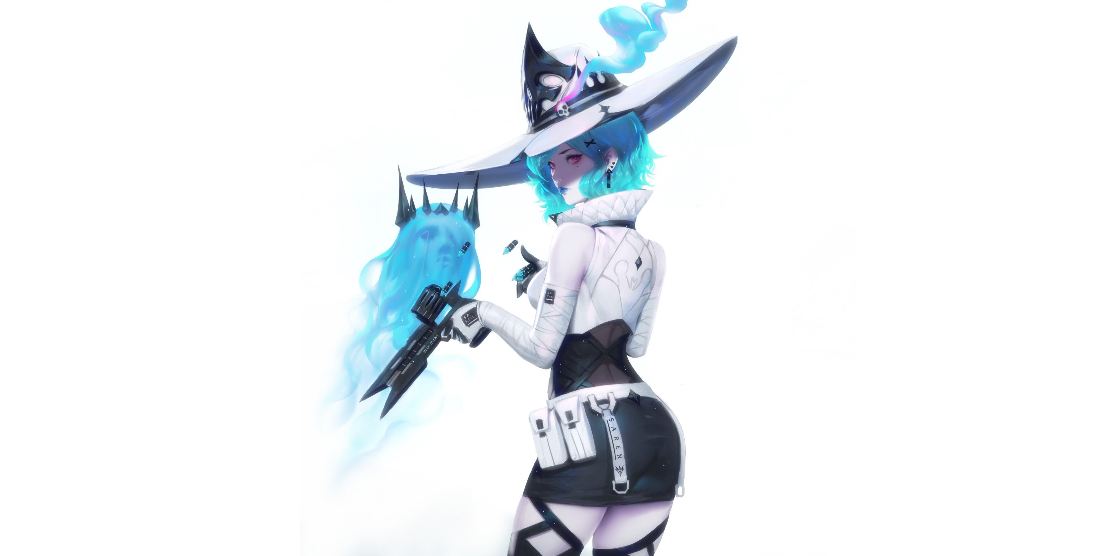 Anime girl with cyan hair and witch hat holding a gun HD Wallpaper