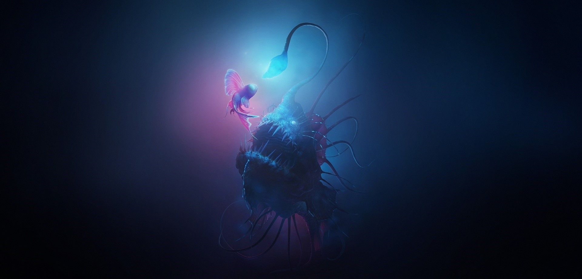 Anglerfish and small creature in deep sea artwork HD Wallpaper