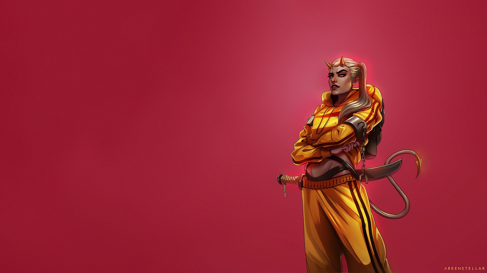 Fantasy girl with horns and sword on red background HD Wallpaper