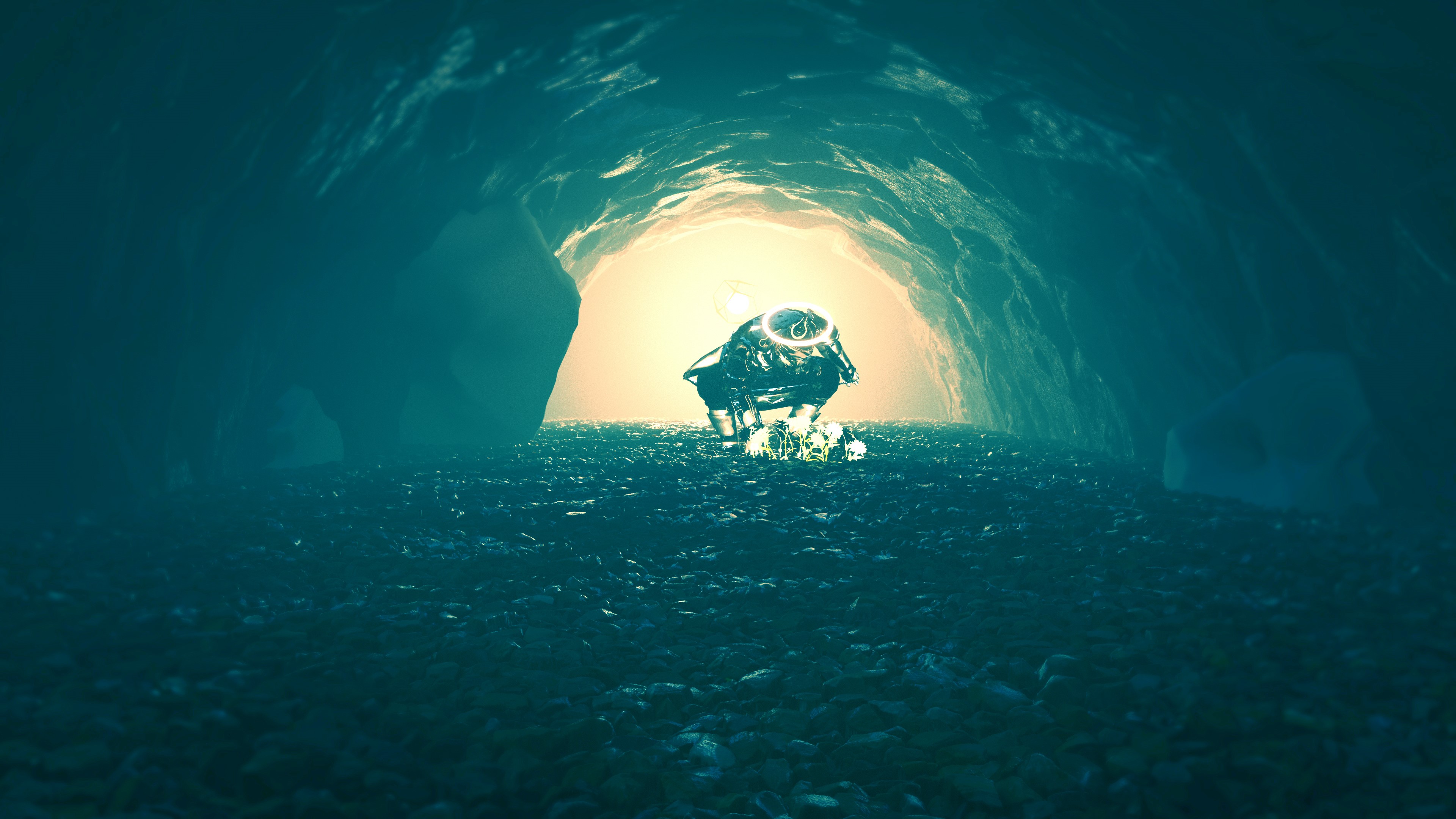 Robot in an icy cave with light HD Wallpaper