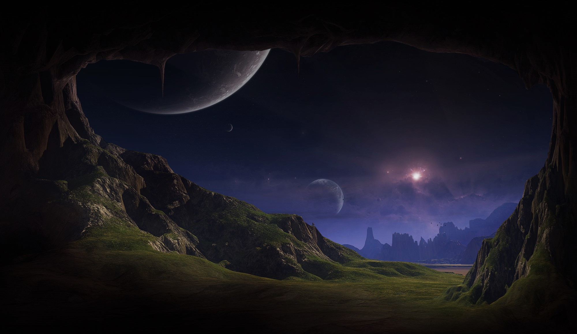 Alien landscape viewed from a cave with planets in the sky HD Wallpaper