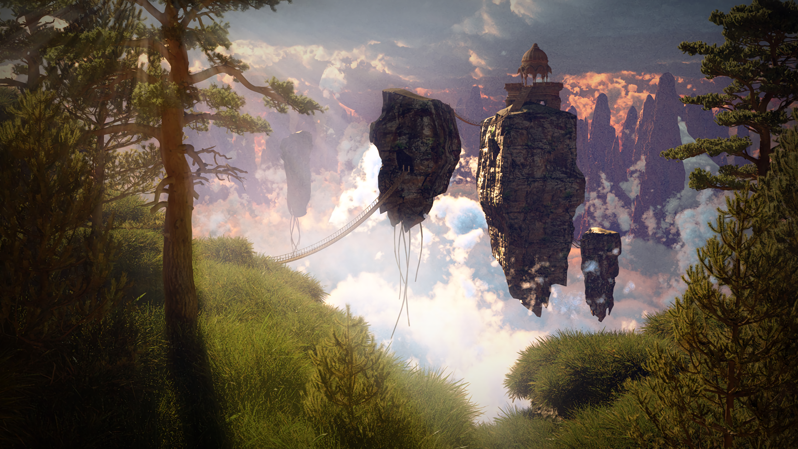 Floating islands with ancient structures and bridges HD Wallpaper