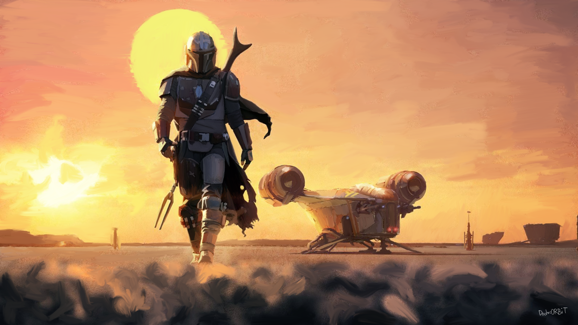 The Mandalorian and his ship on Tatooine HD Wallpaper