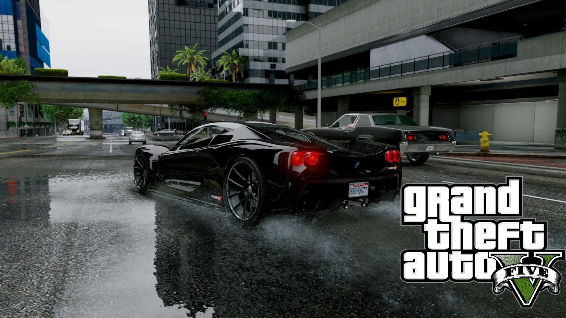 Grotti Turismo R driving in the rain in Grand Theft Auto V HD Wallpaper