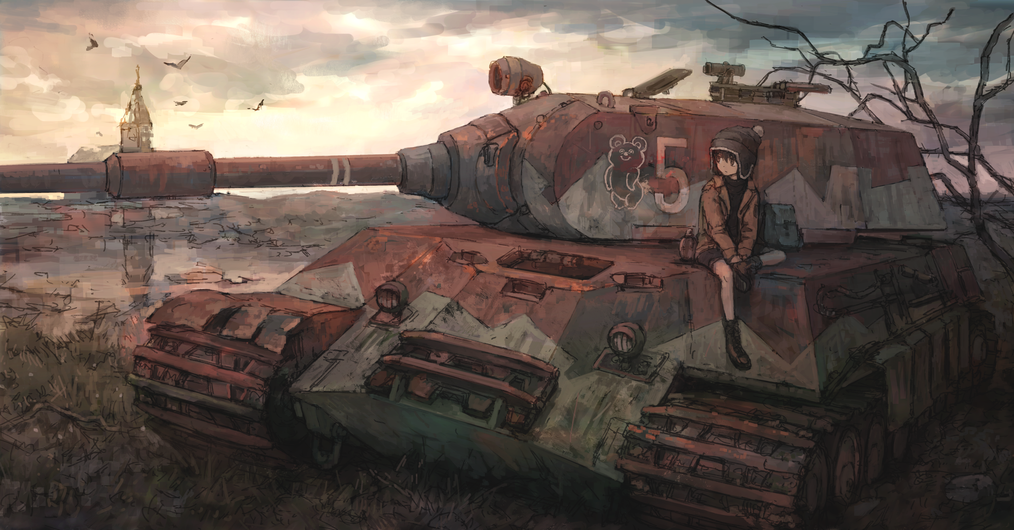 Anime girl sitting on a tank with a teddy bear emblem HD Wallpaper