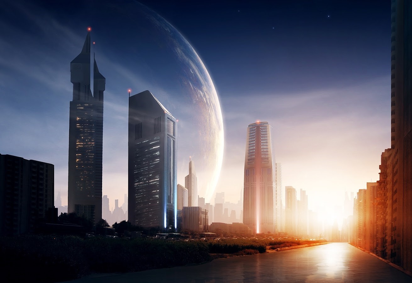 Futuristic cityscape with a planet in the sky HD Wallpaper