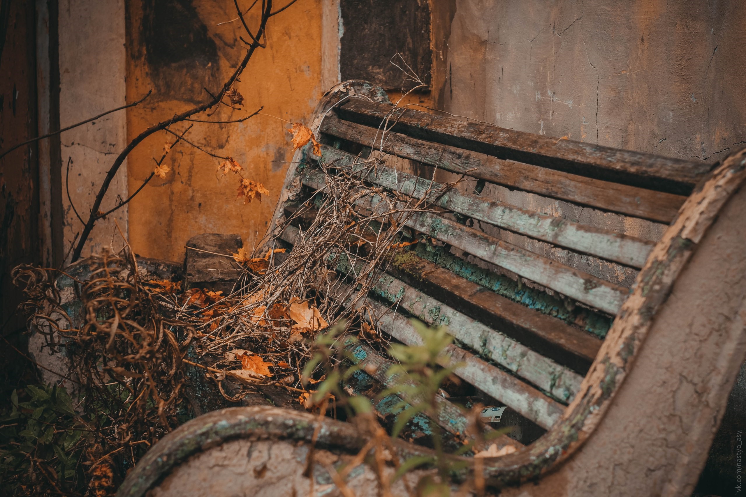 Old wooden bench with fallen leaves and branches HD Wallpaper