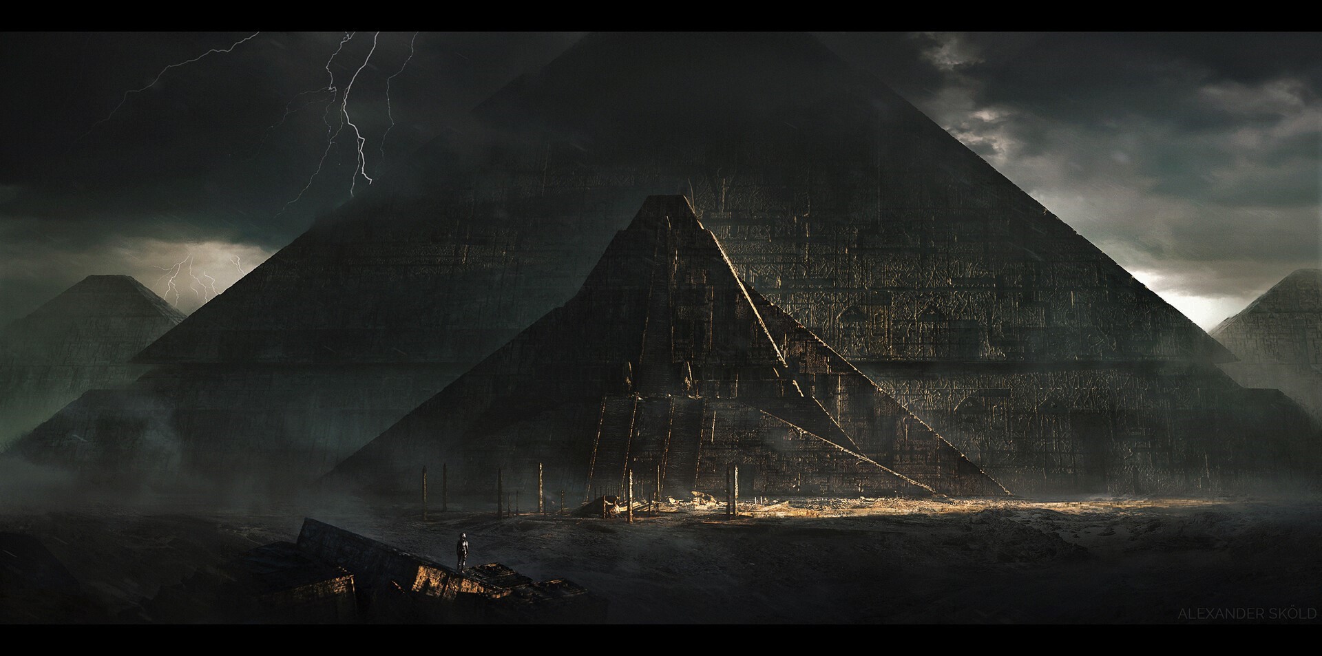 Dark fantasy pyramids under a stormy sky with lightning HD Wallpaper