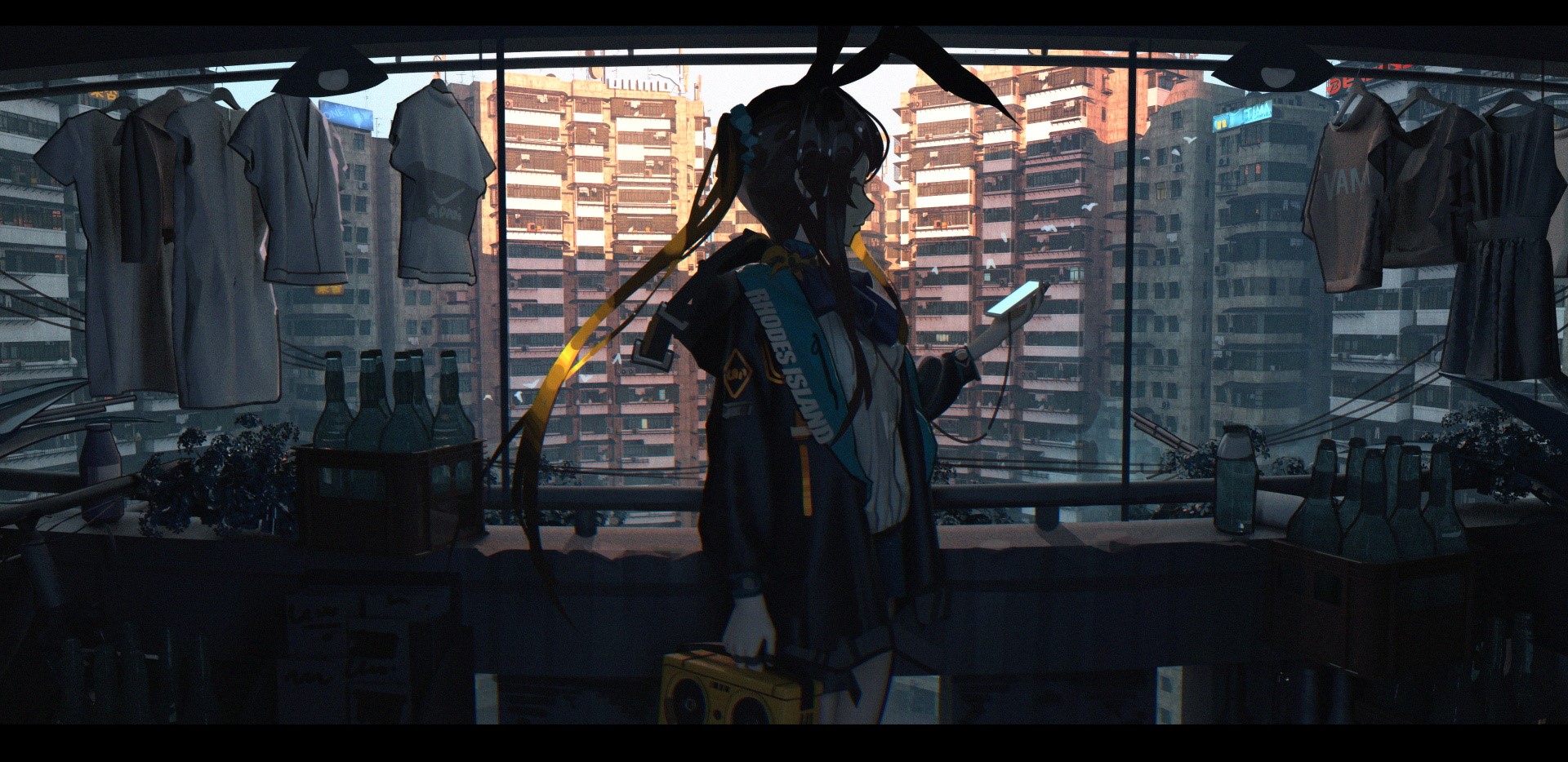 Amiya from Arknights on a balcony with city background HD Wallpaper