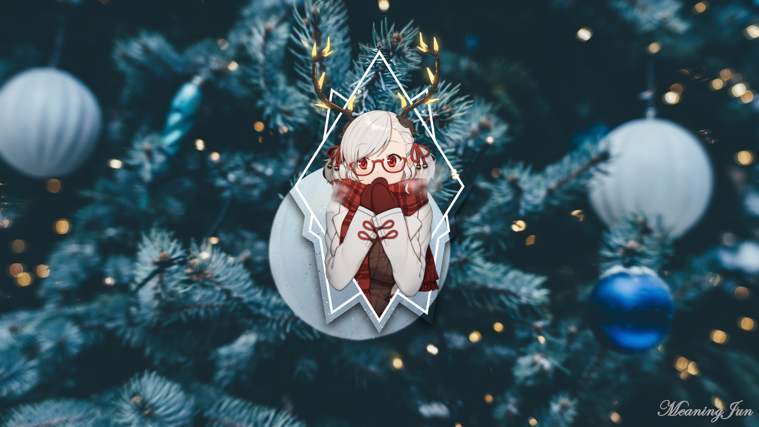 Anime girl with antlers and scarf on Christmas tree background HD Wallpaper