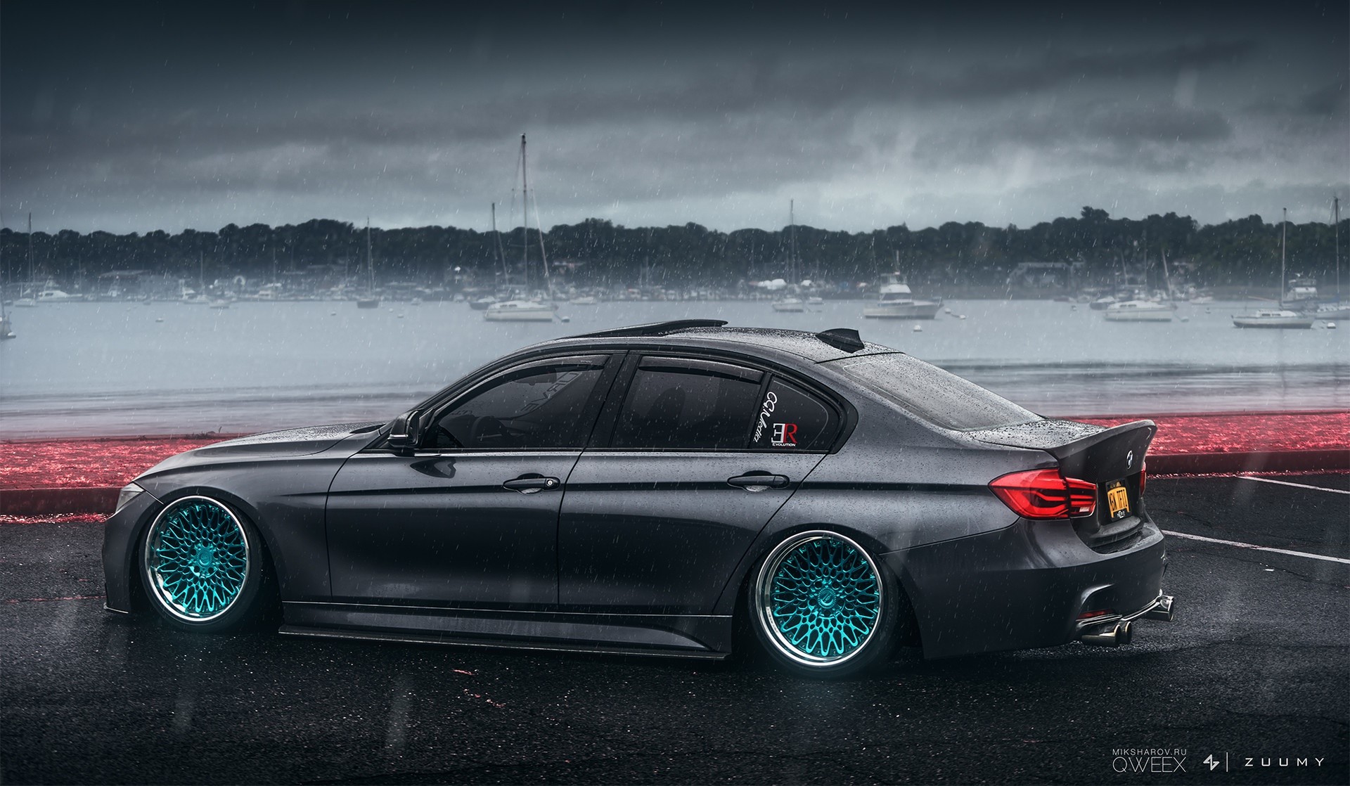BMW 3 Series F30 with colored wheels in the rain HD Wallpaper