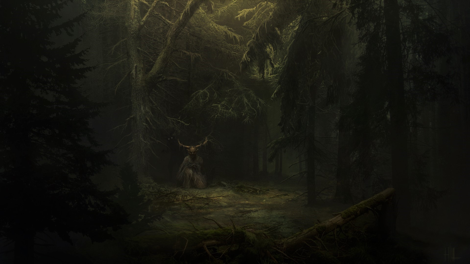 Creature with antlers in a dark, misty forest HD Wallpaper