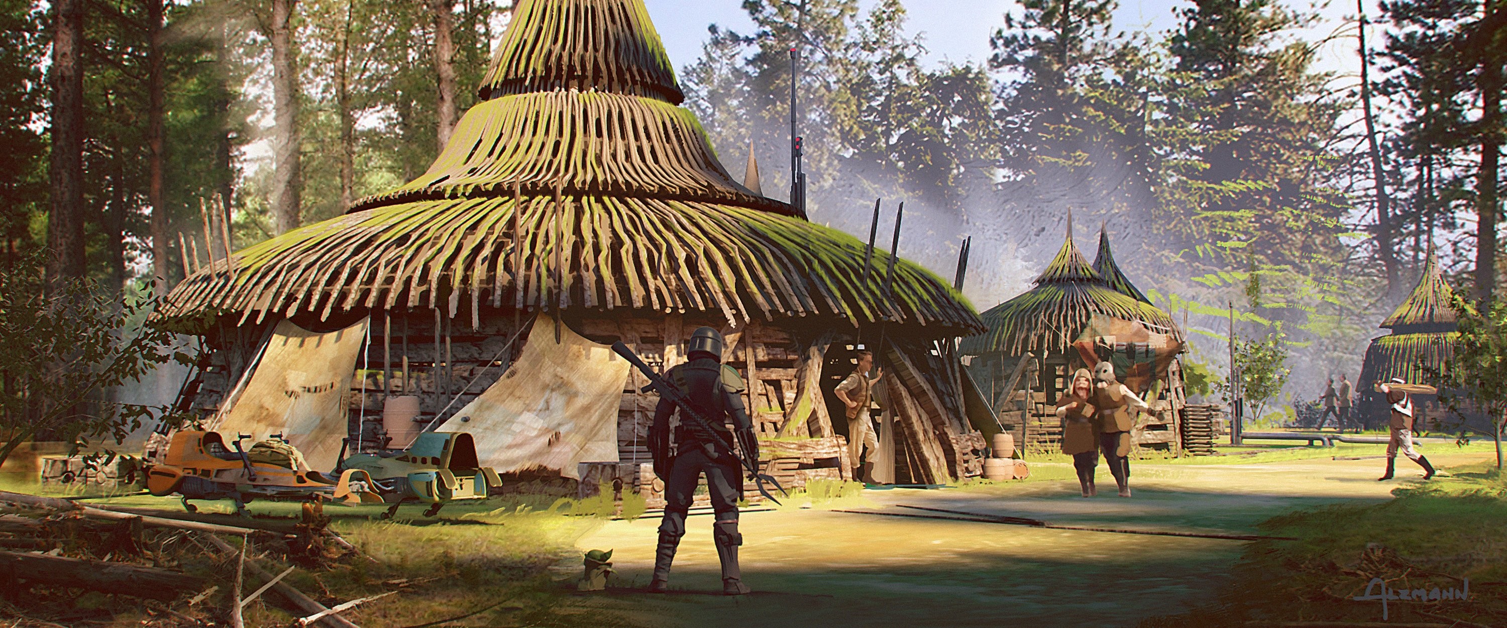The Mandalorian concept art of a forest village HD Wallpaper