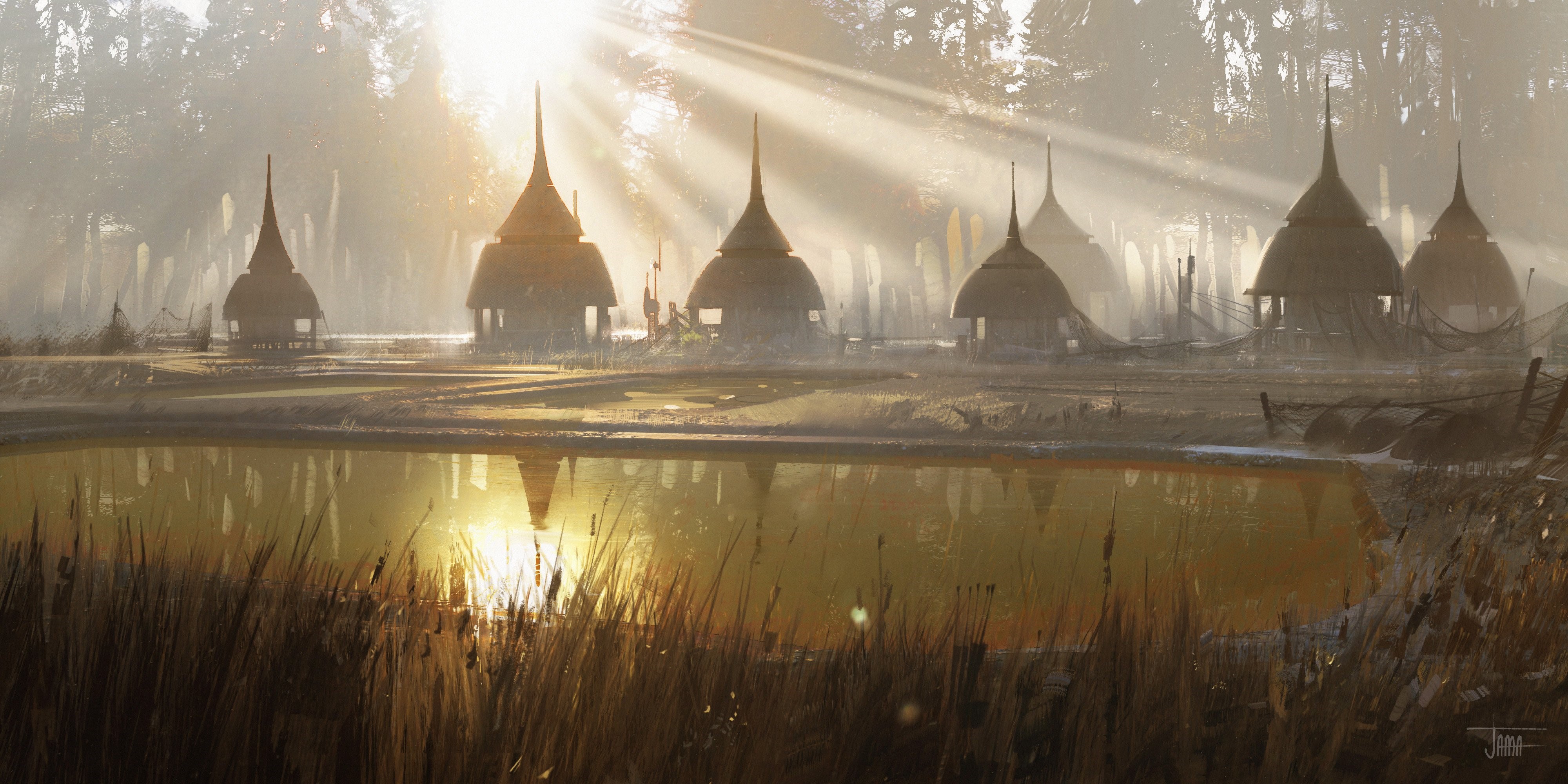 Concept art of huts by a pond HD Wallpaper