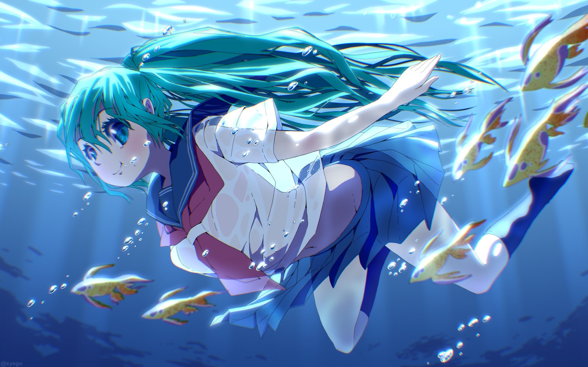 Hatsune Miku underwater with fish HD Wallpaper