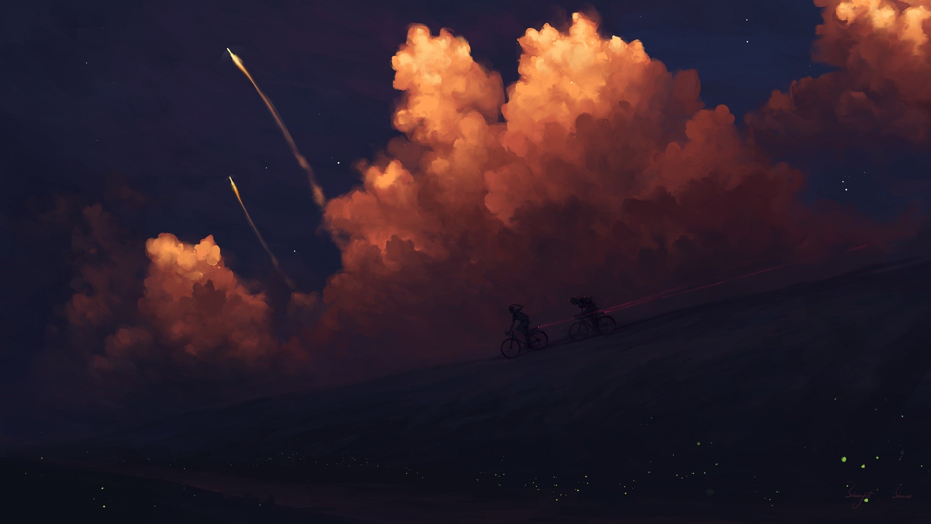 Two people on bikes on a hill with rockets and clouds HD Wallpaper