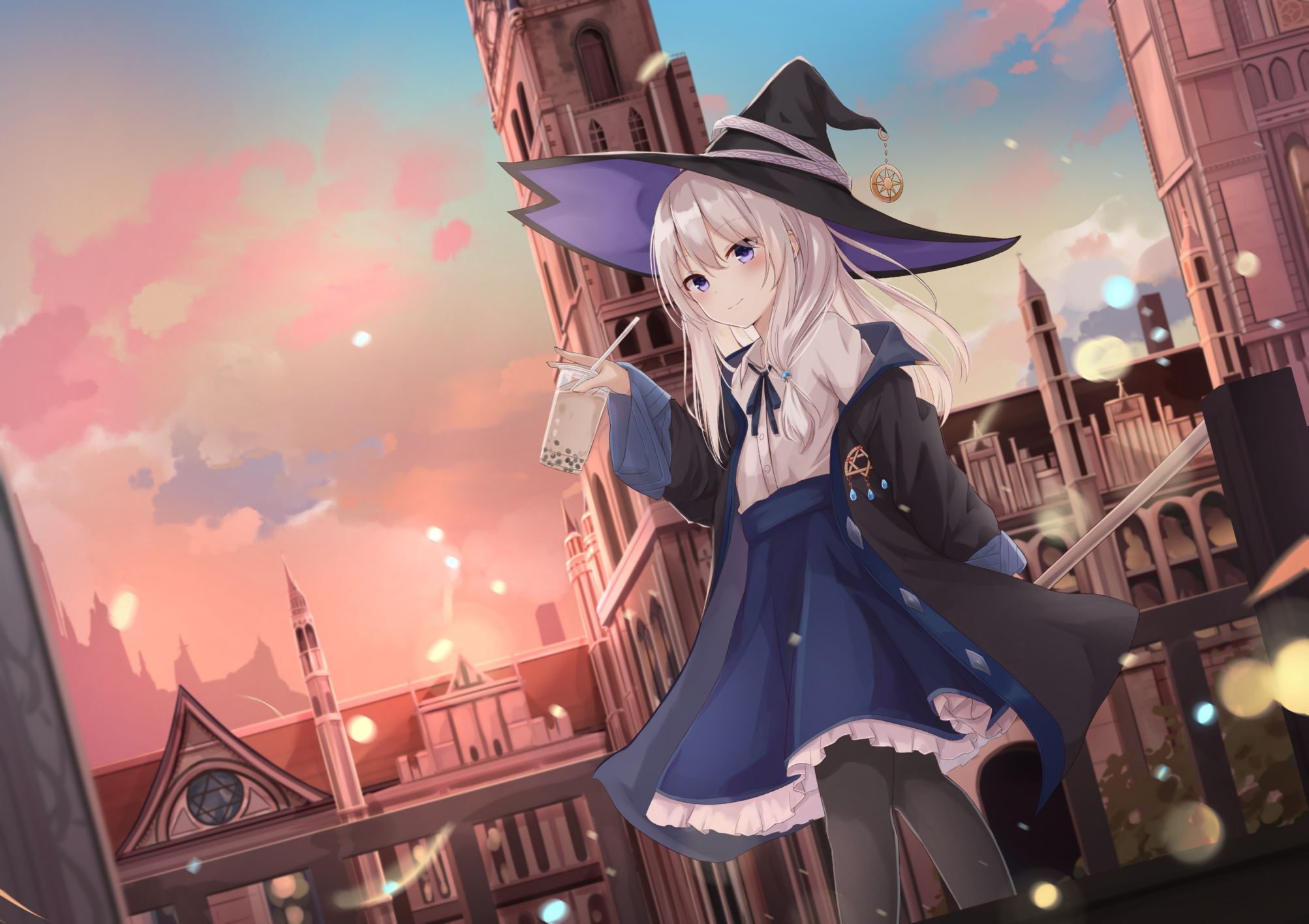 Anime girl in witch hat holding bubble tea HD Wallpaper