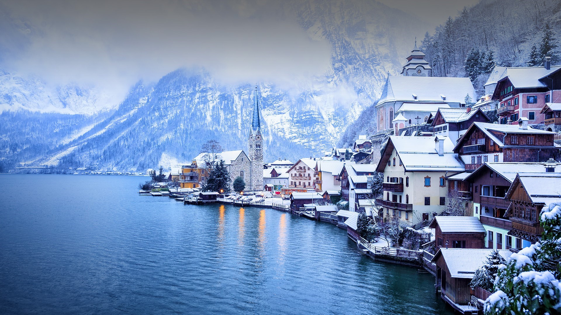 Hallstatt, Austria in Winter with Snow and Mountains HD Wallpaper