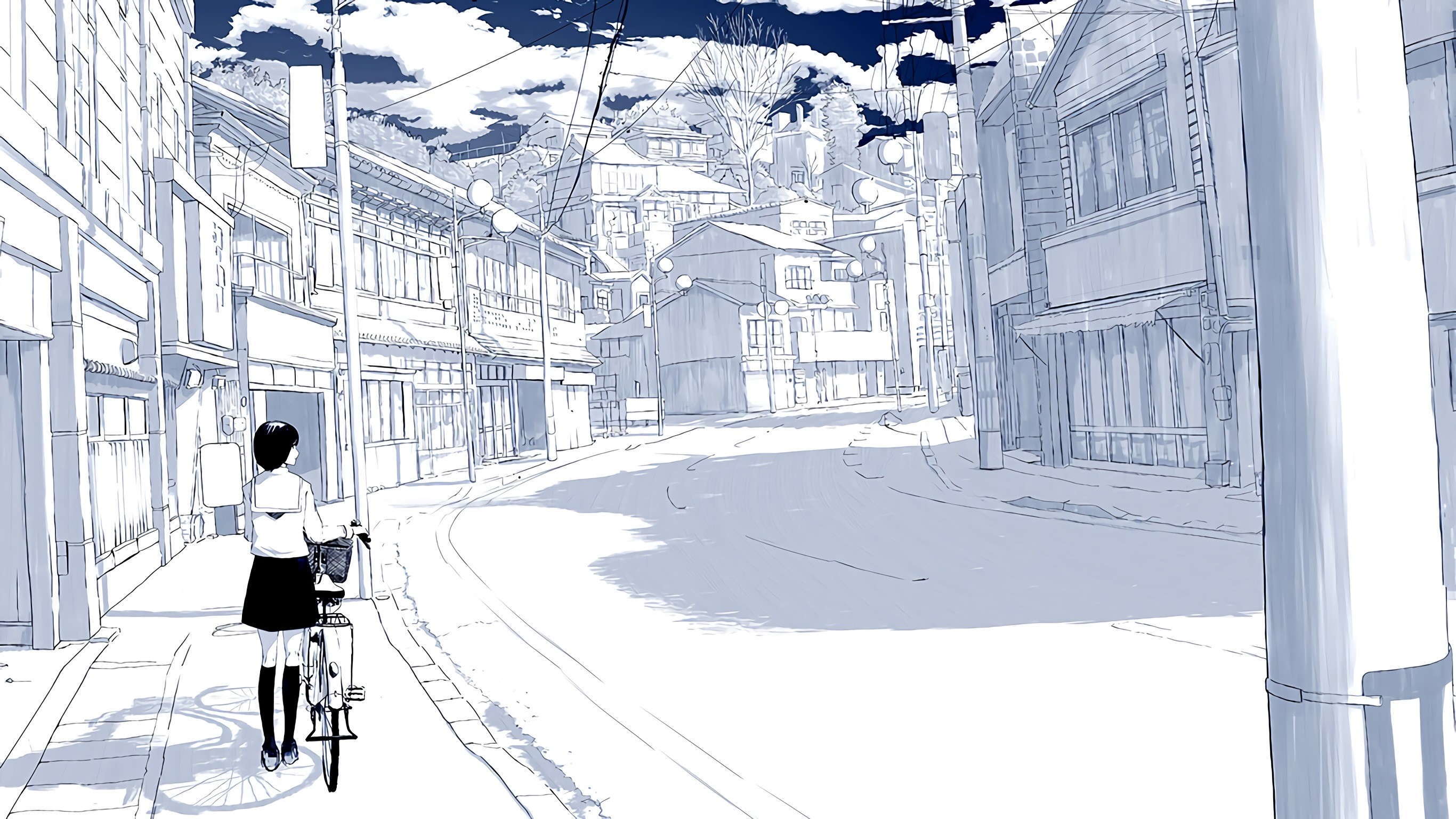 Anime girl with bicycle in a Japanese town HD Wallpaper
