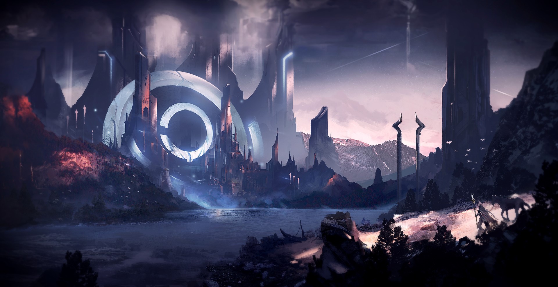 Fantasy city with a large ring structure and mountains HD Wallpaper