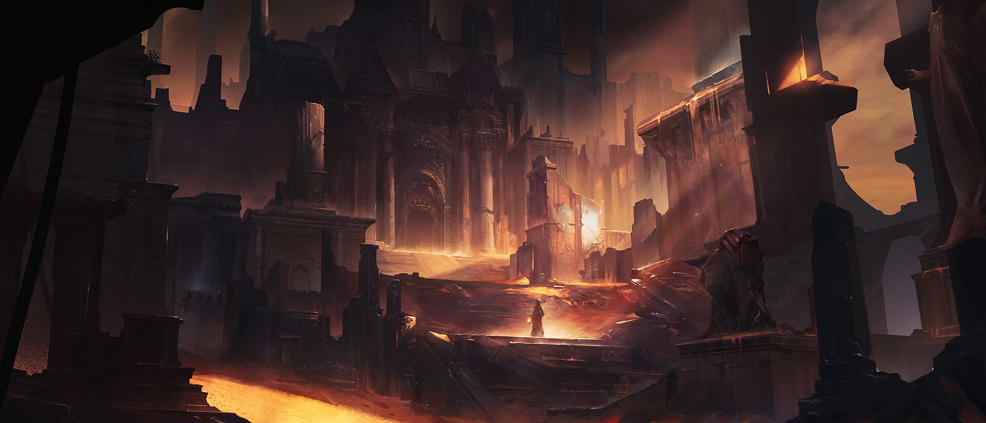 Dark fantasy ruins with a lone figure HD Wallpaper