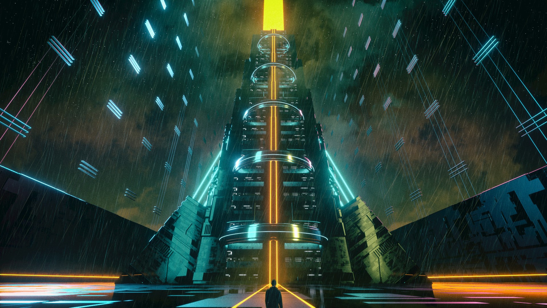 Man in front of a glowing cyberpunk tower in the rain HD Wallpaper
