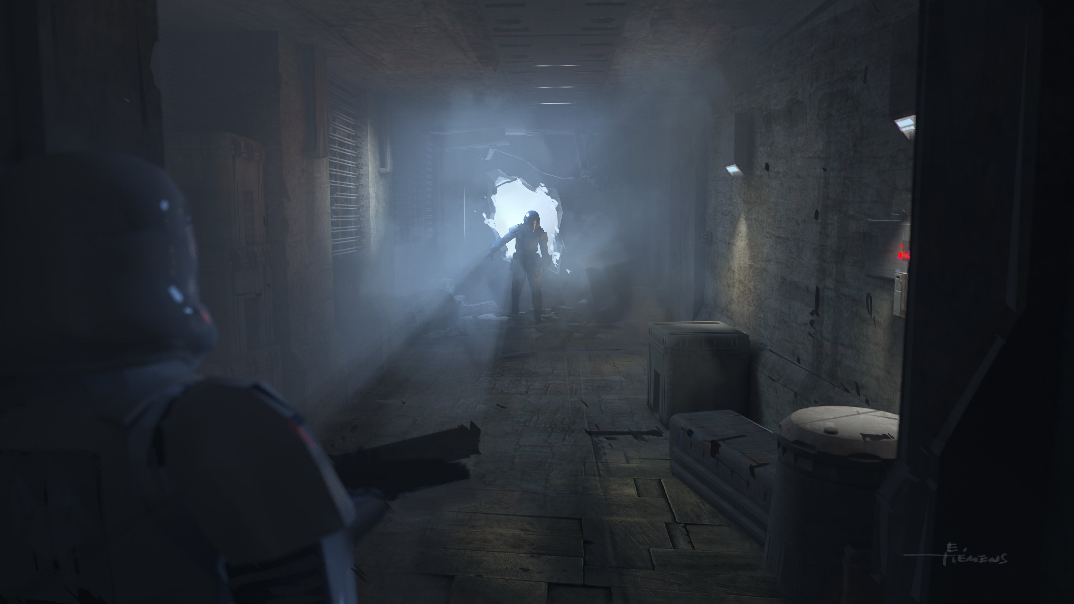 Stormtroopers in a damaged Star Wars corridor HD Wallpaper