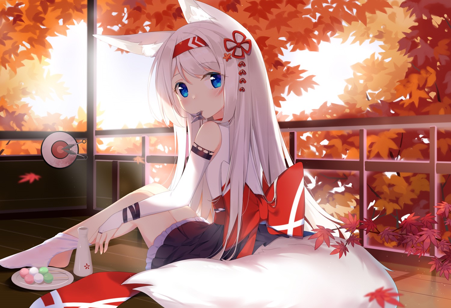 Anime girl with fox ears and tail in autumn setting HD Wallpaper