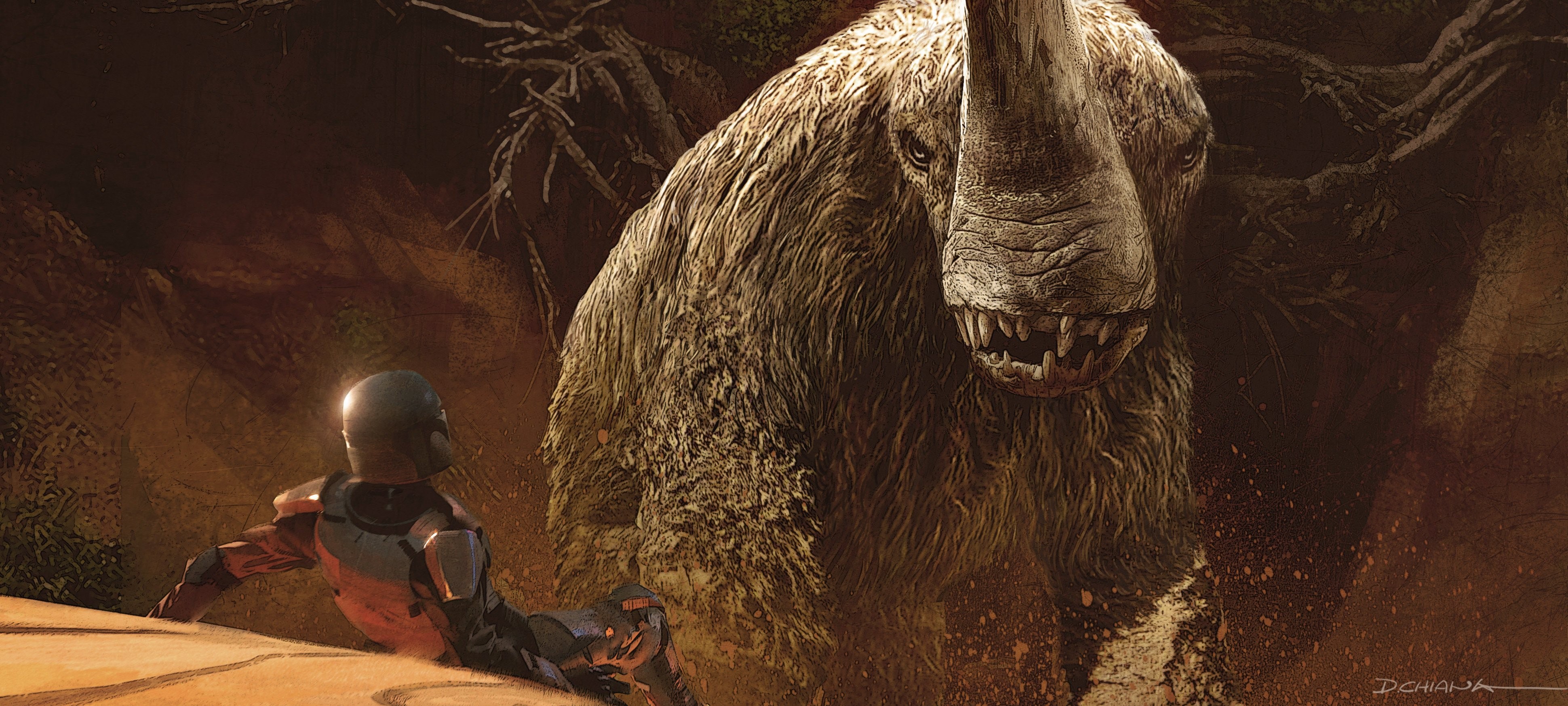 The Mandalorian concept art of creature and bounty hunter HD Wallpaper