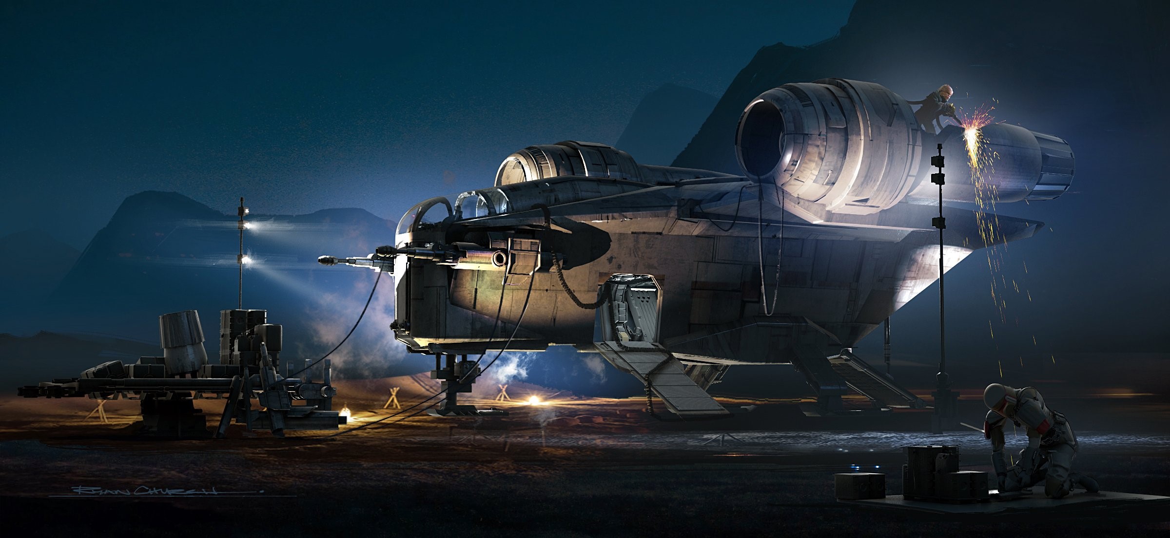 The Mandalorian concept art of spaceship repair HD Wallpaper