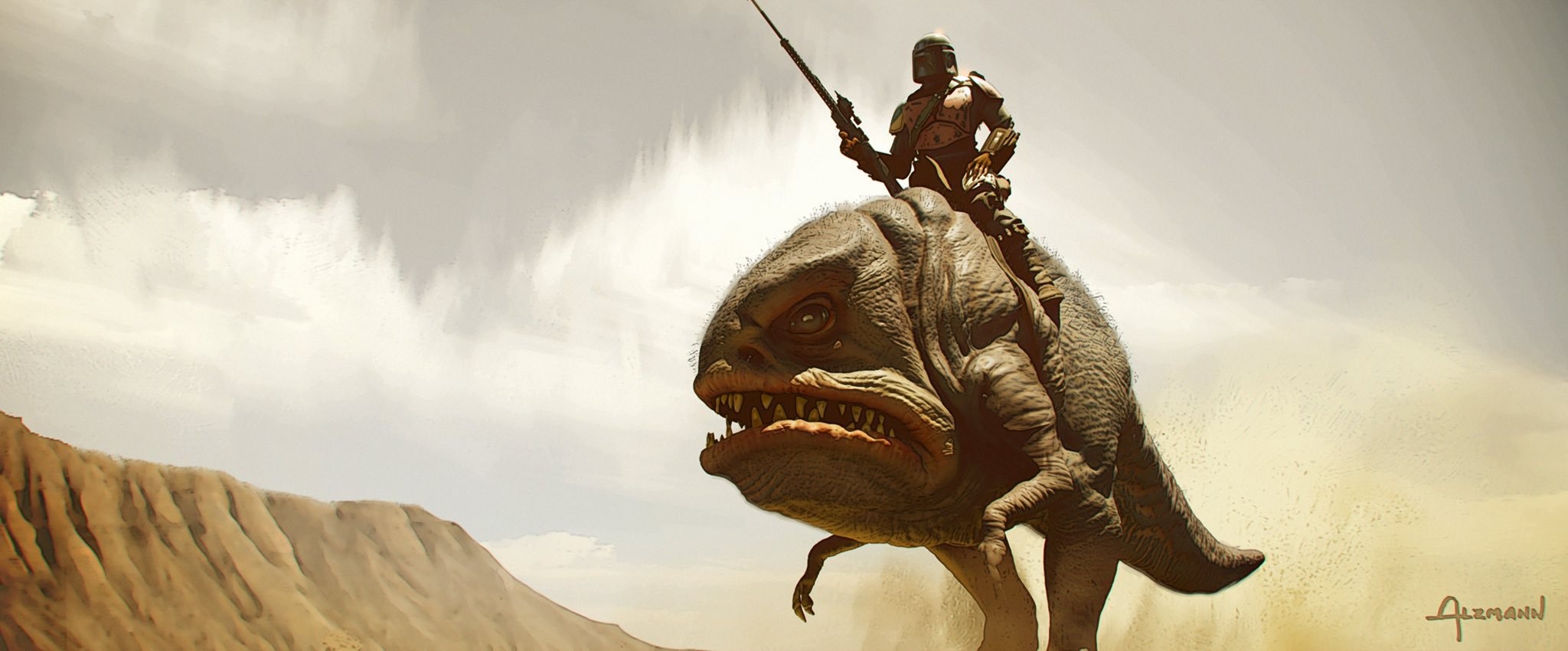 The Mandalorian riding a creature in a desert HD Wallpaper
