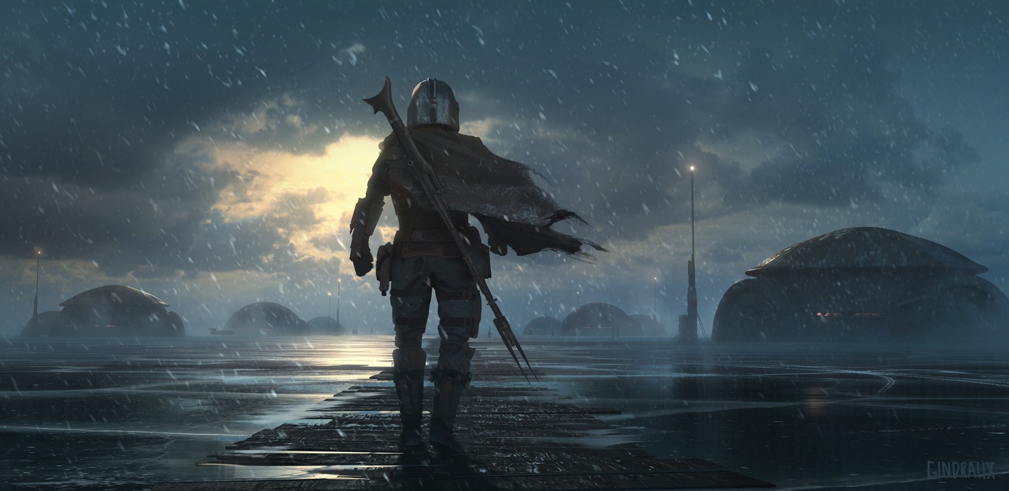 The Mandalorian in a Stormy Landscape HD Wallpaper