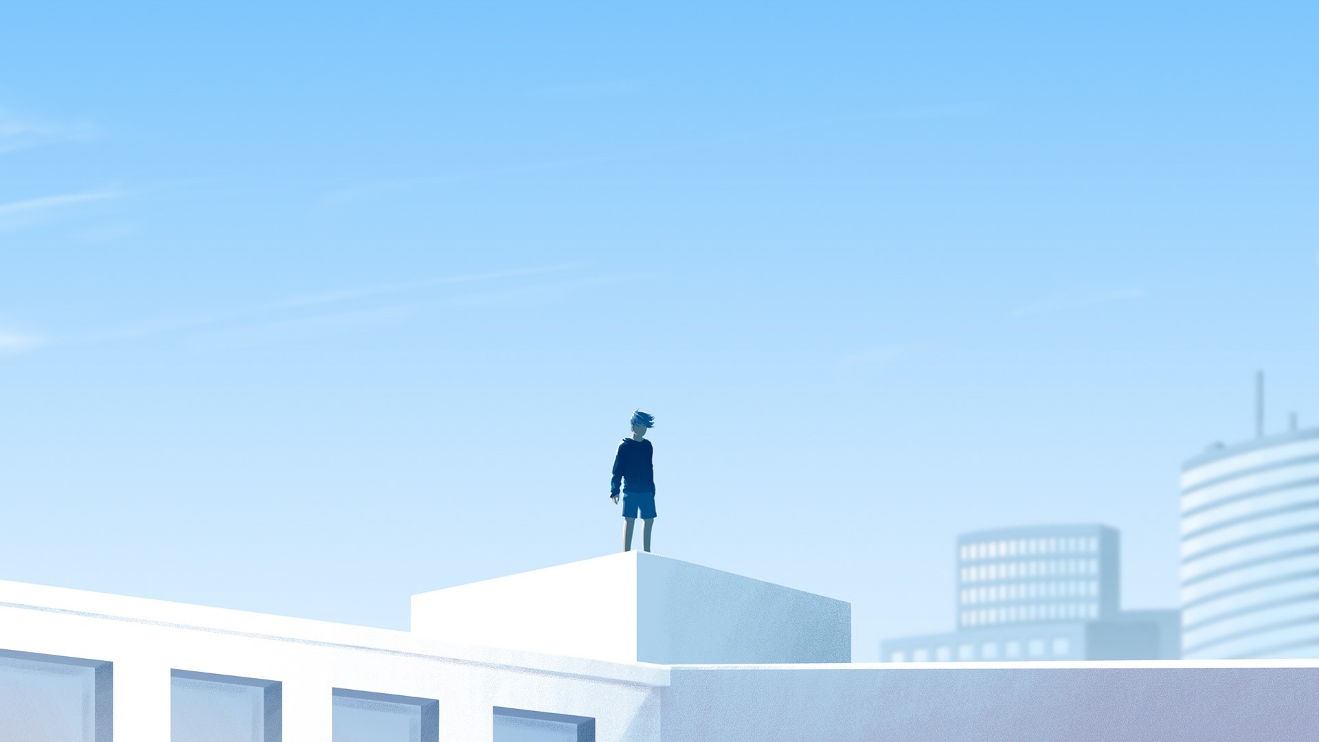 Artwork of a person on a rooftop with city buildings HD Wallpaper