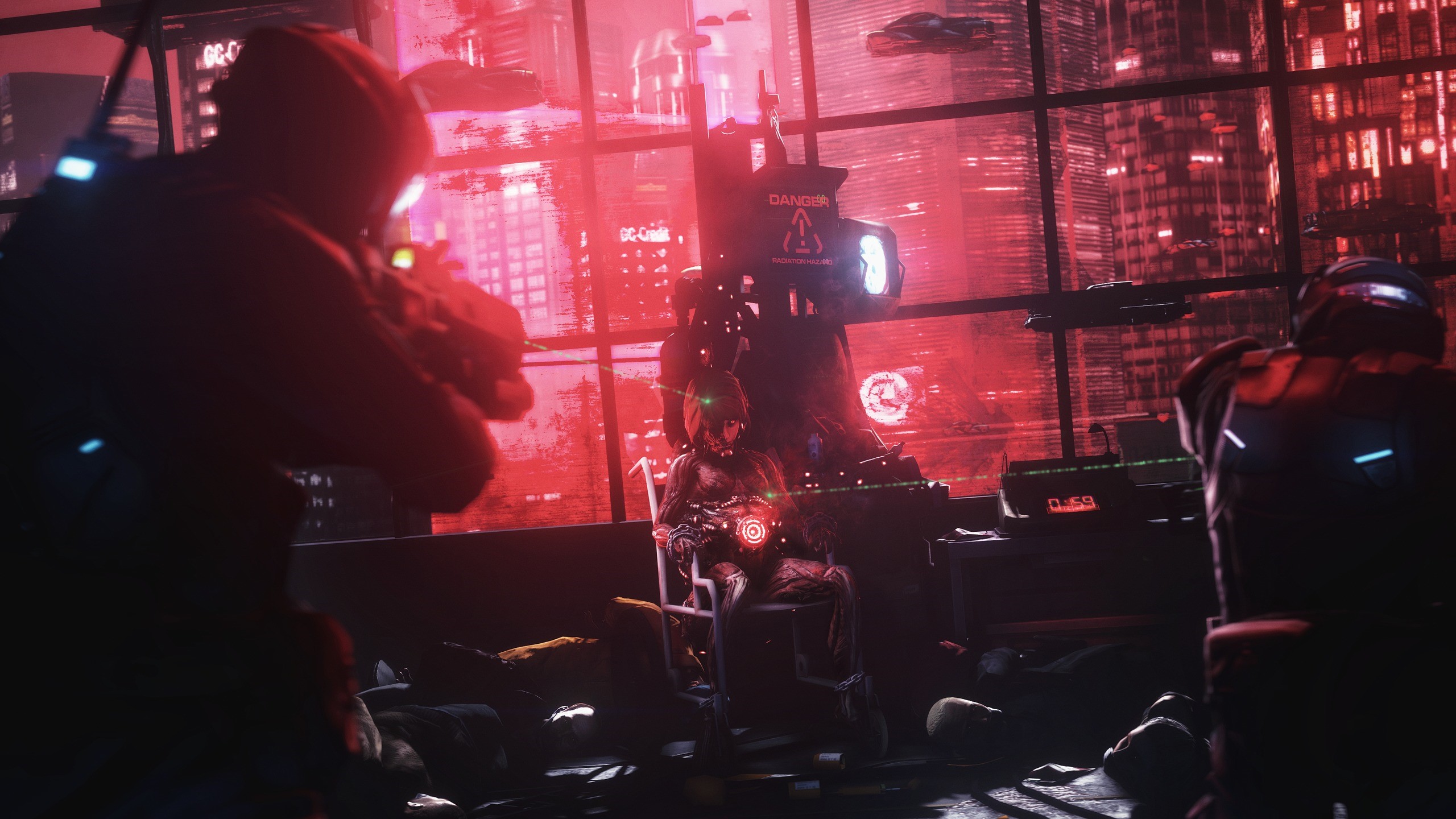 Cyberpunk scene with soldiers and a person in a wheelchair HD Wallpaper