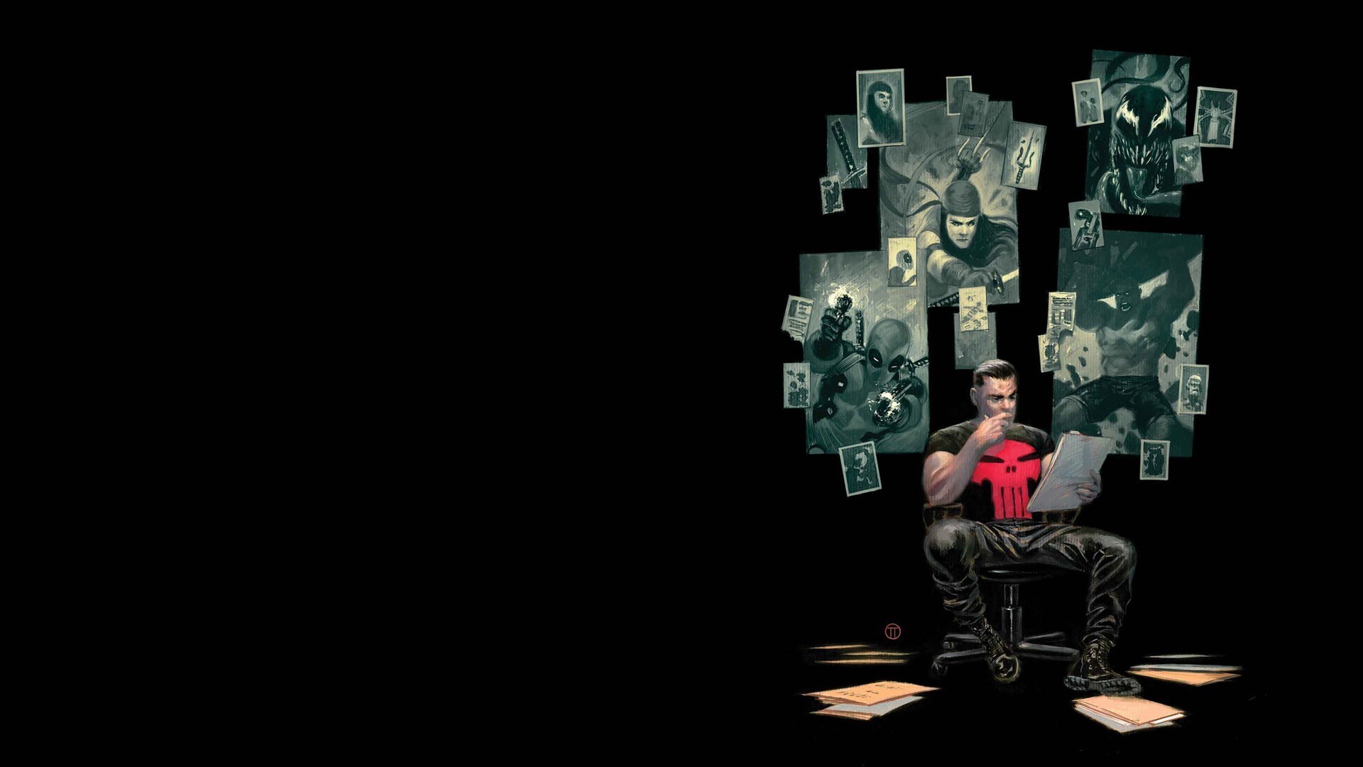 The Punisher reviewing case files with comic art on wall HD Wallpaper