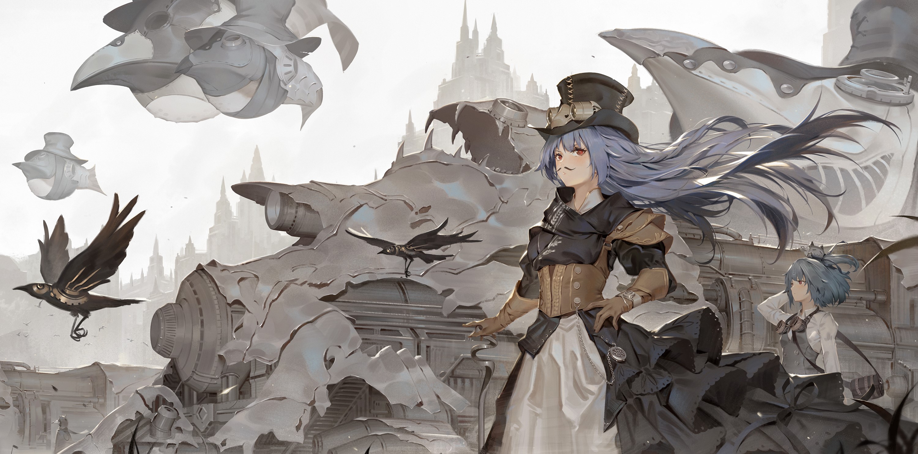 Steampunk anime girls with birds and machines HD Wallpaper