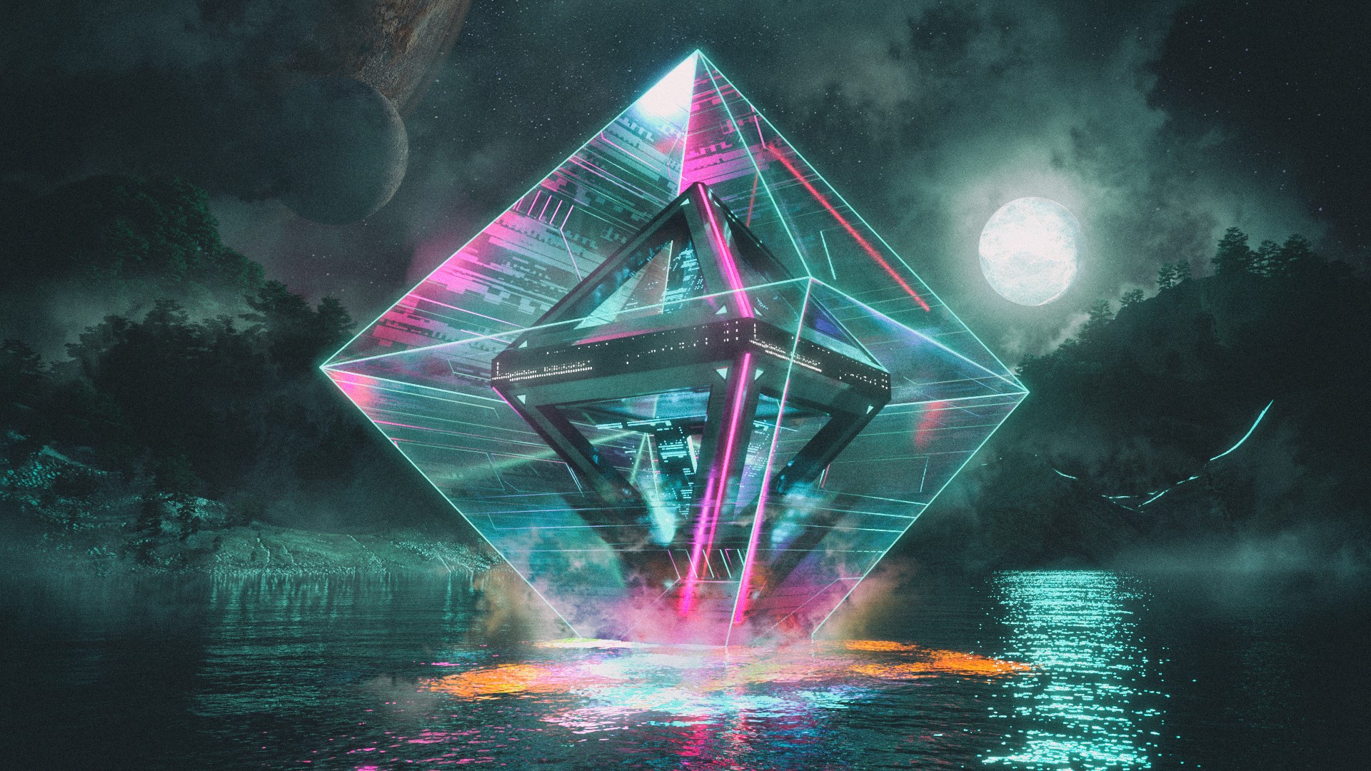 Cyberpunk neon prism over water at night HD Wallpaper