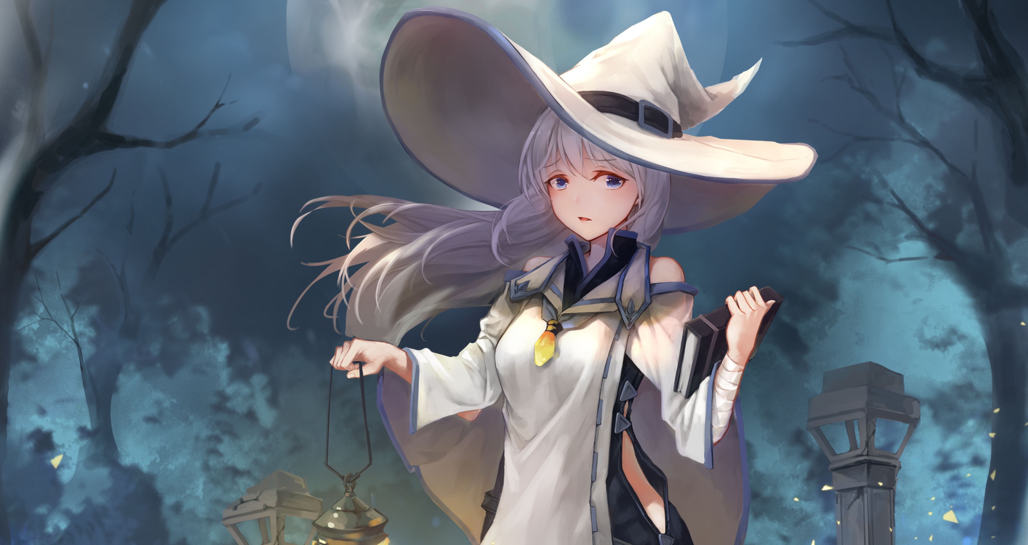 Anime girl with white hair and witch hat holding lantern HD Wallpaper