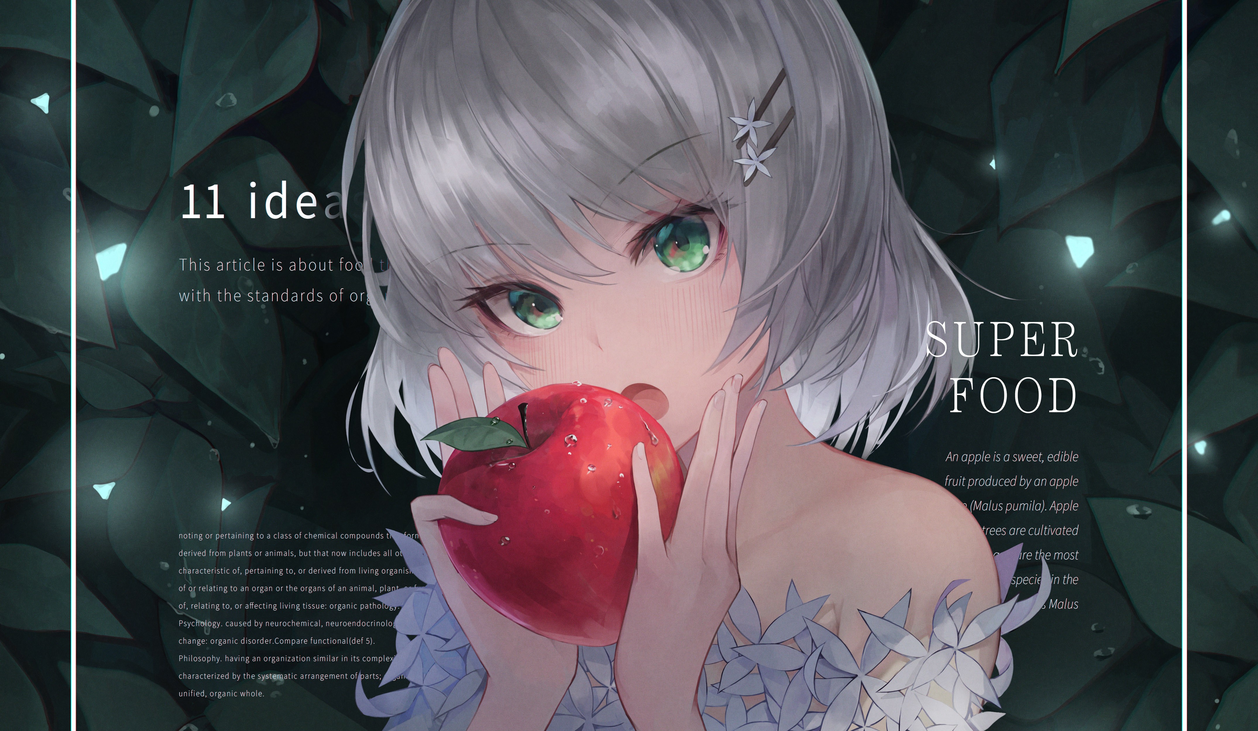 Anime girl with silver hair holding an apple HD Wallpaper