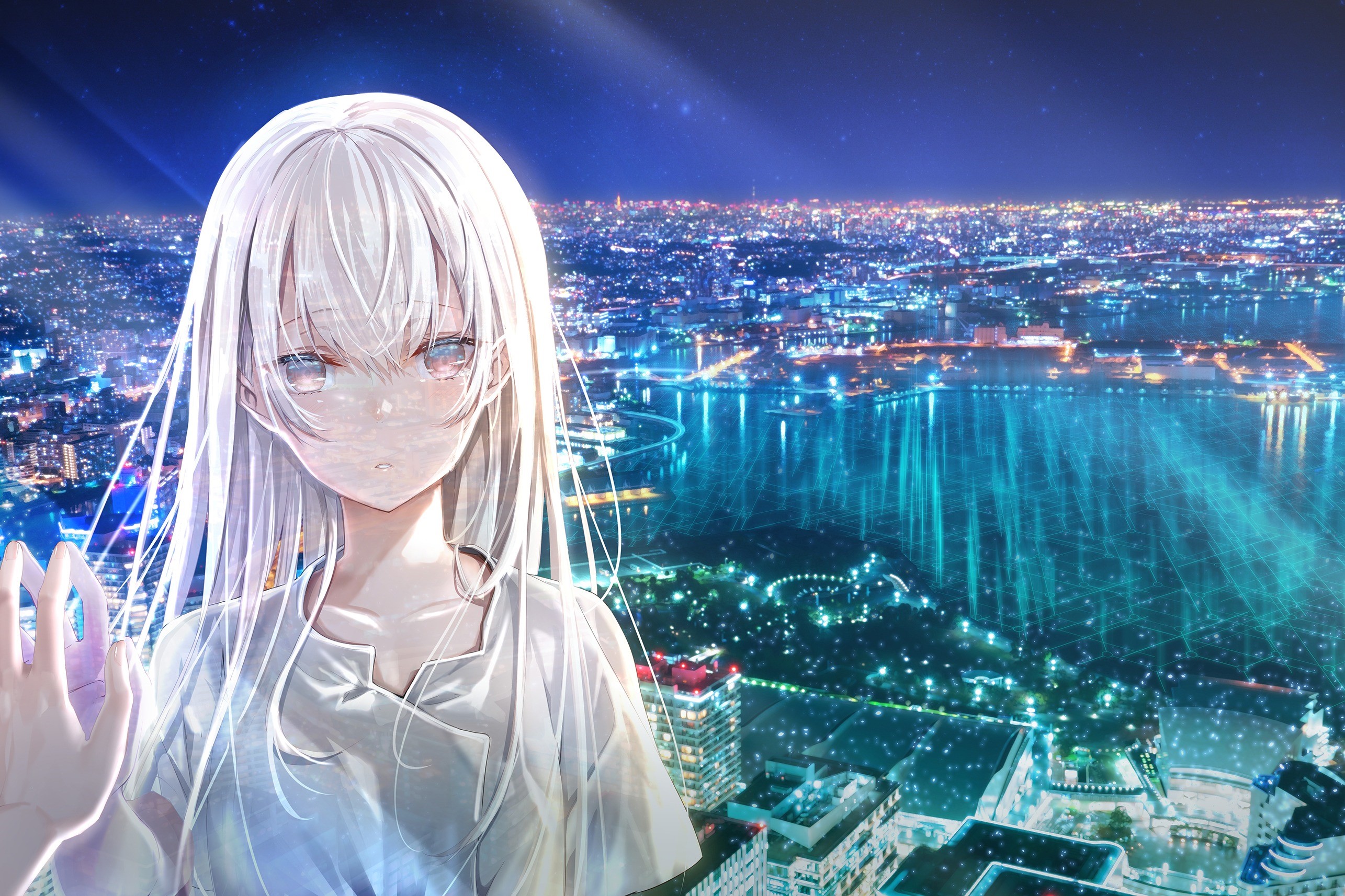 Anime girl with silver hair in a cityscape at night HD Wallpaper