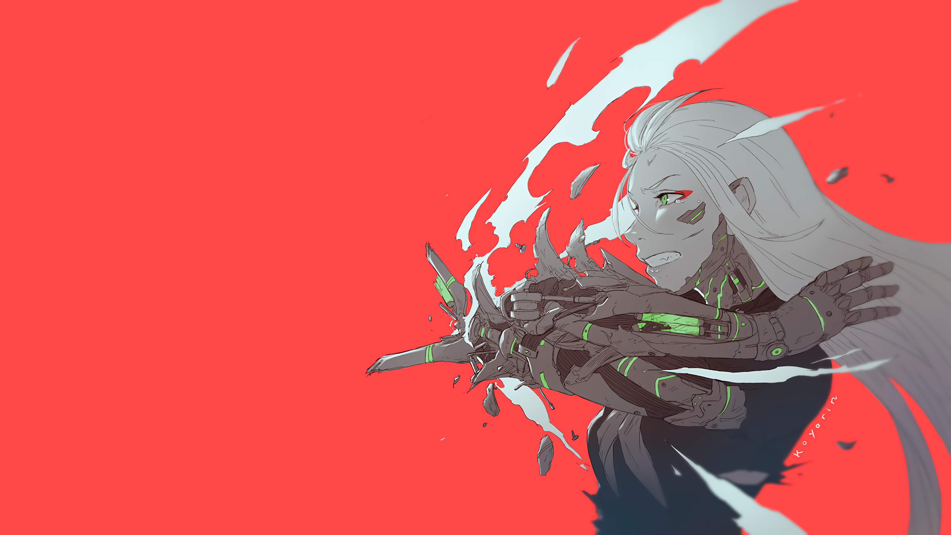 Anime girl with cybernetic arm on red background HD Wallpaper