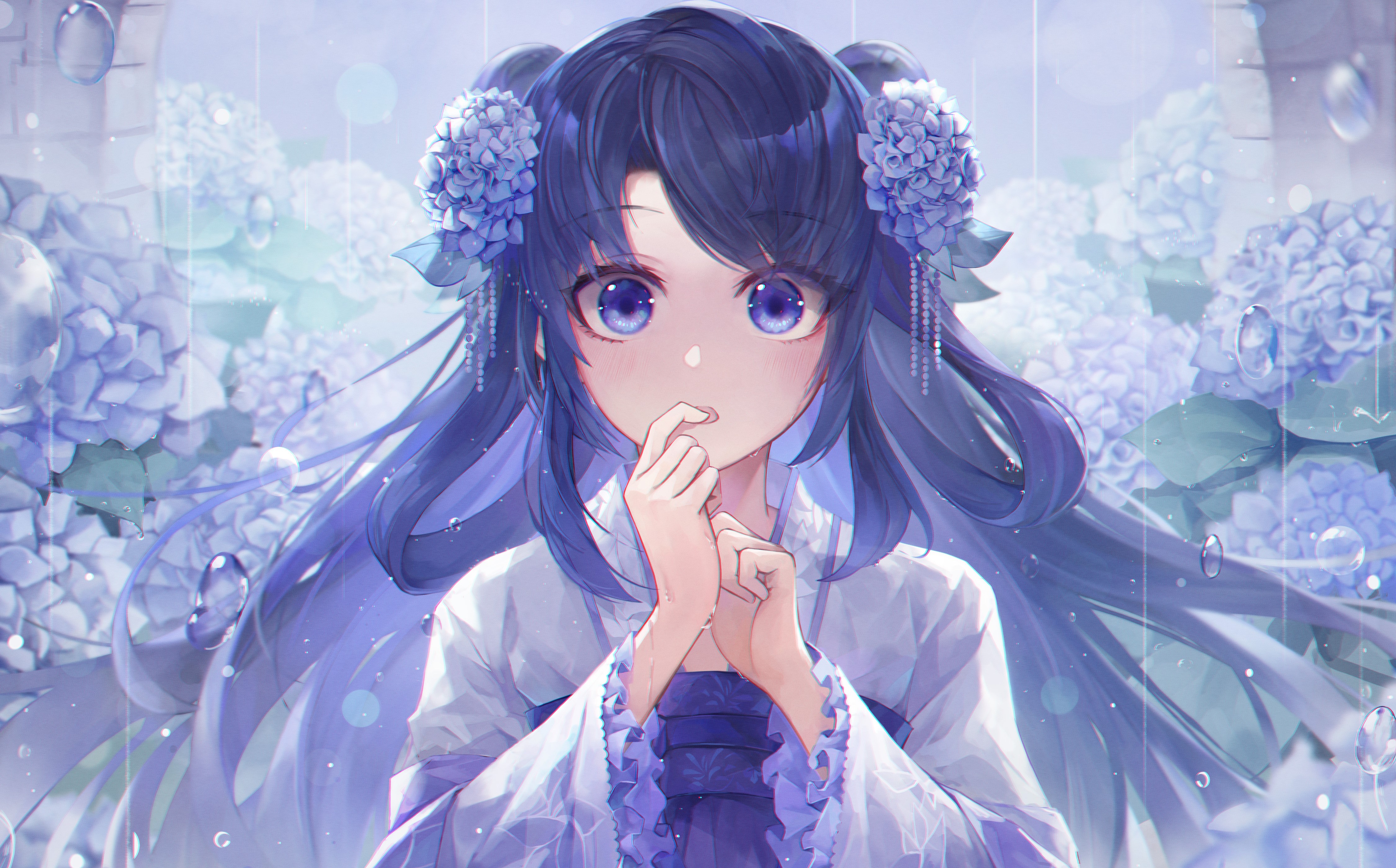 Anime girl with blue hair and flowers HD Wallpaper