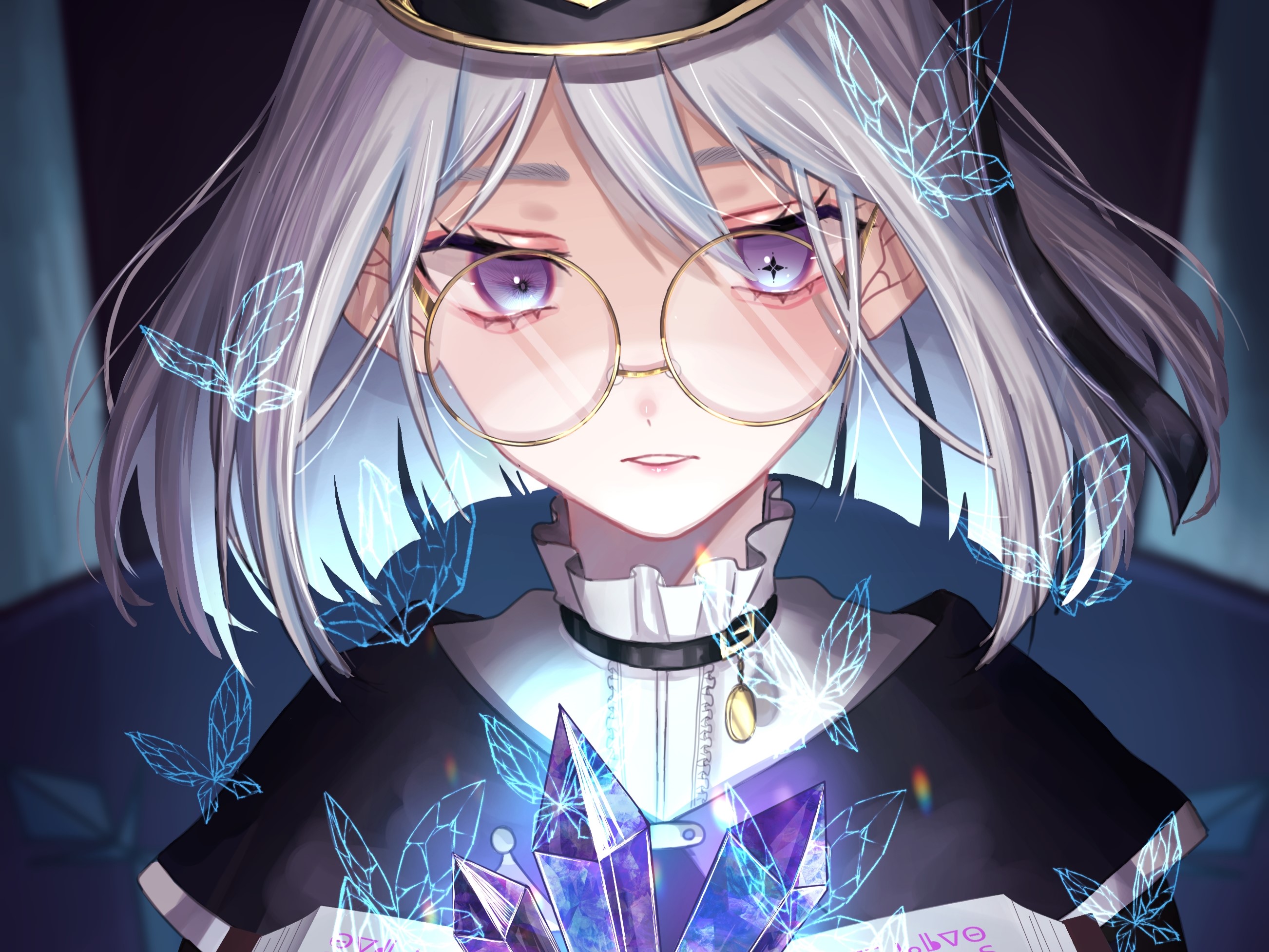 Anime girl with purple eyes and glasses holding crystals HD Wallpaper